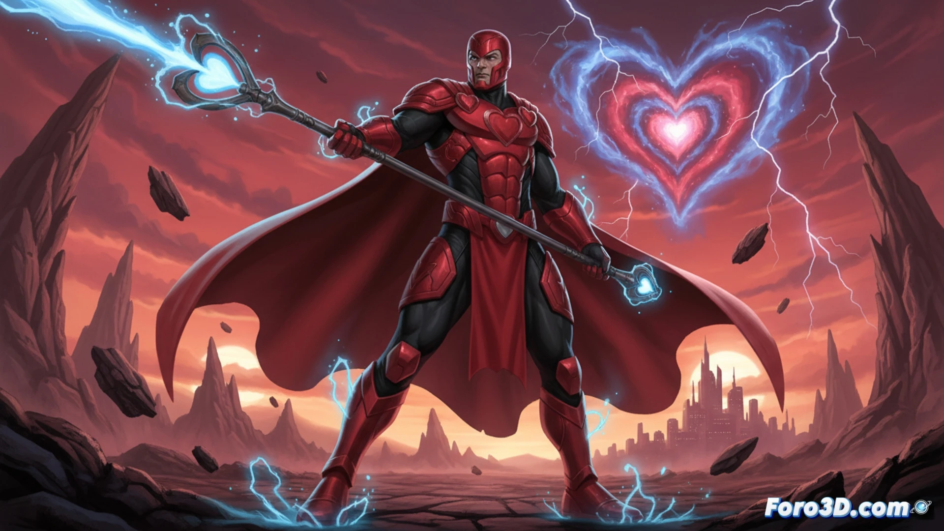 Un antihéroe con traje asimétrico geométrico, emanando energía cero de su cuerpo mientras lucha por controlarla.