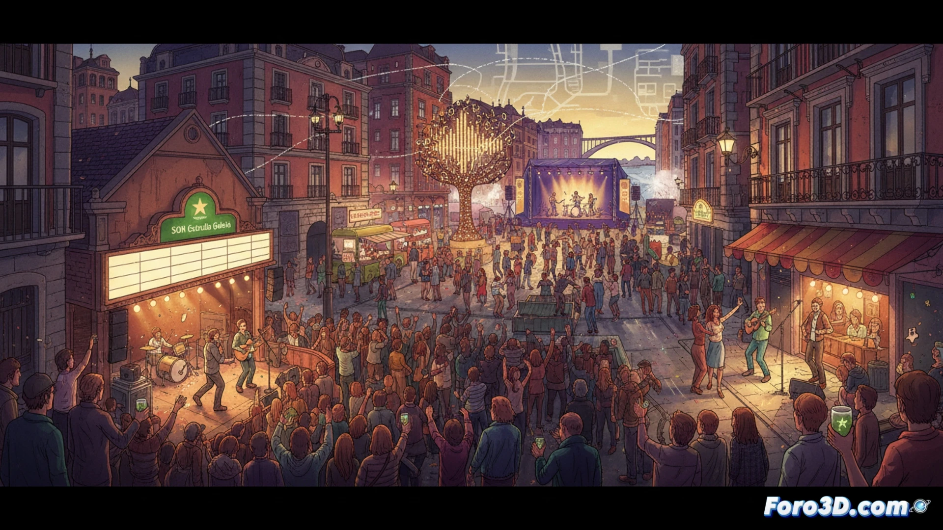 Un cartel urbano muestra el mapa del festival con múltiples iconos de altavoz marcando salas de conciertos en las calles de Bilbao.