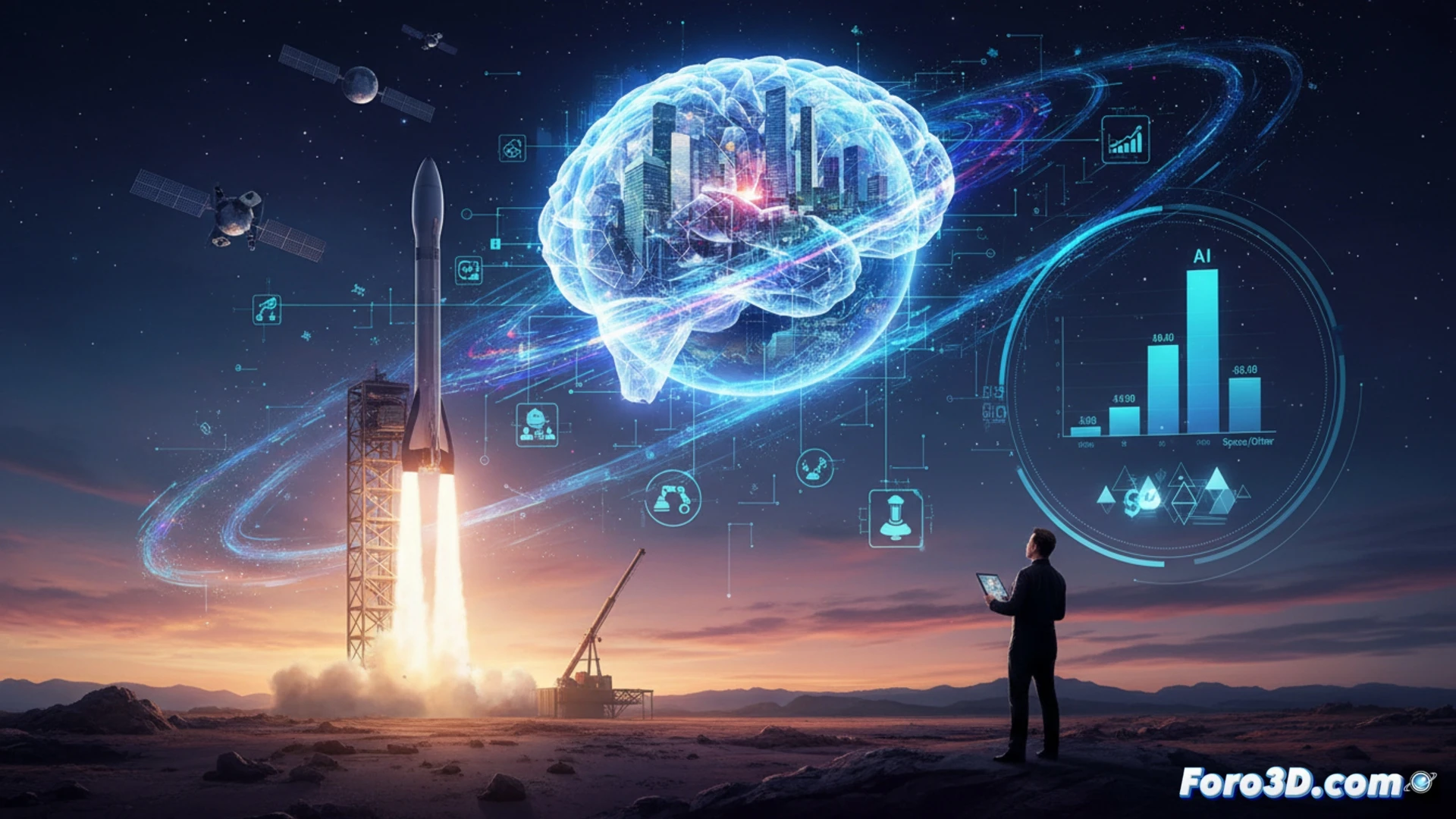 Un cohete de SpaceX despega entre destellos digitales de IA y billones en datos, simbolizando la mayor salida a bolsa de la historia.