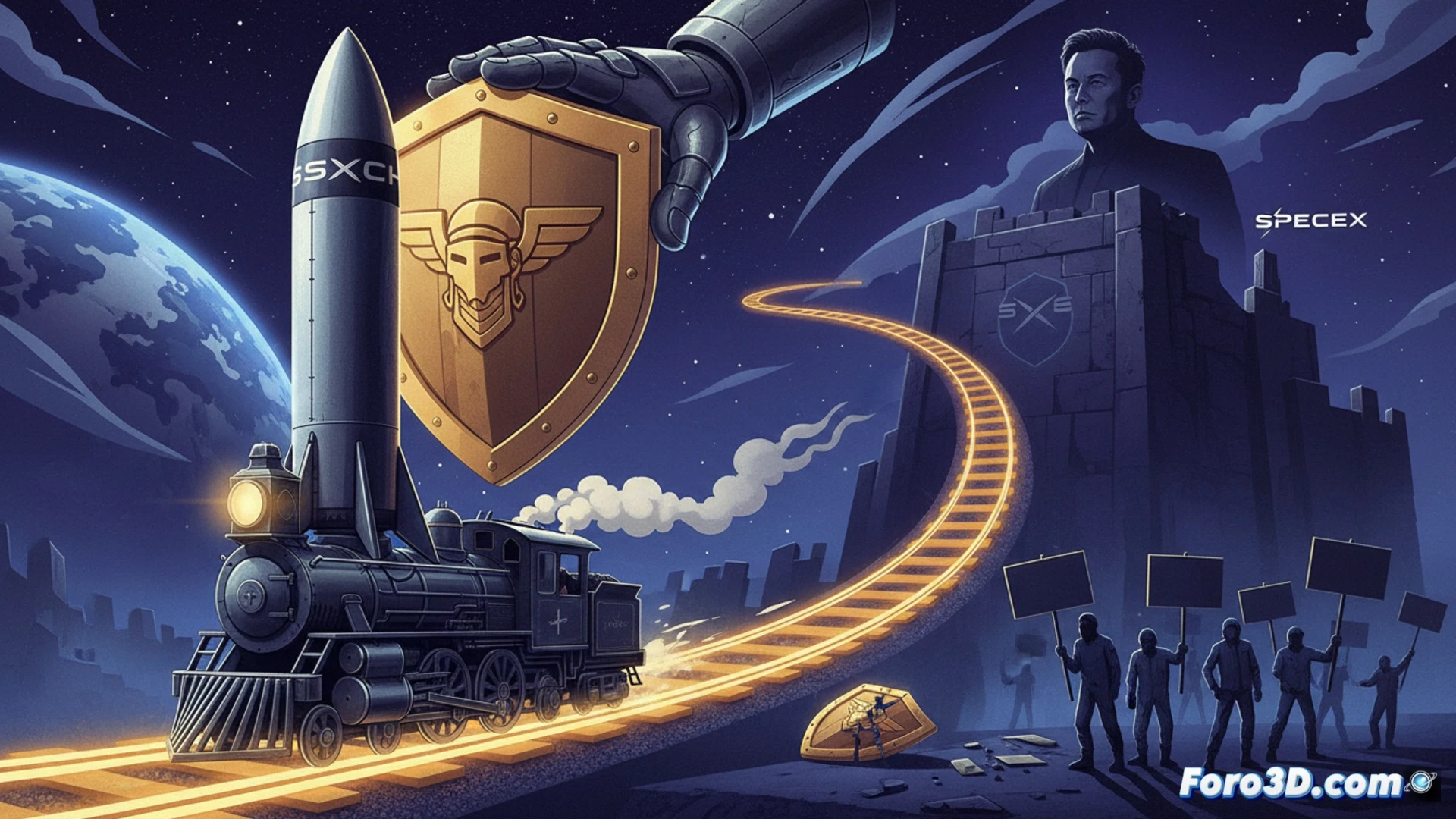 Una nave Starship sobre raíles, con trabajadores observando. Un letrero de Ferrocarril Espacial ironiza sobre la reclasificación legal.