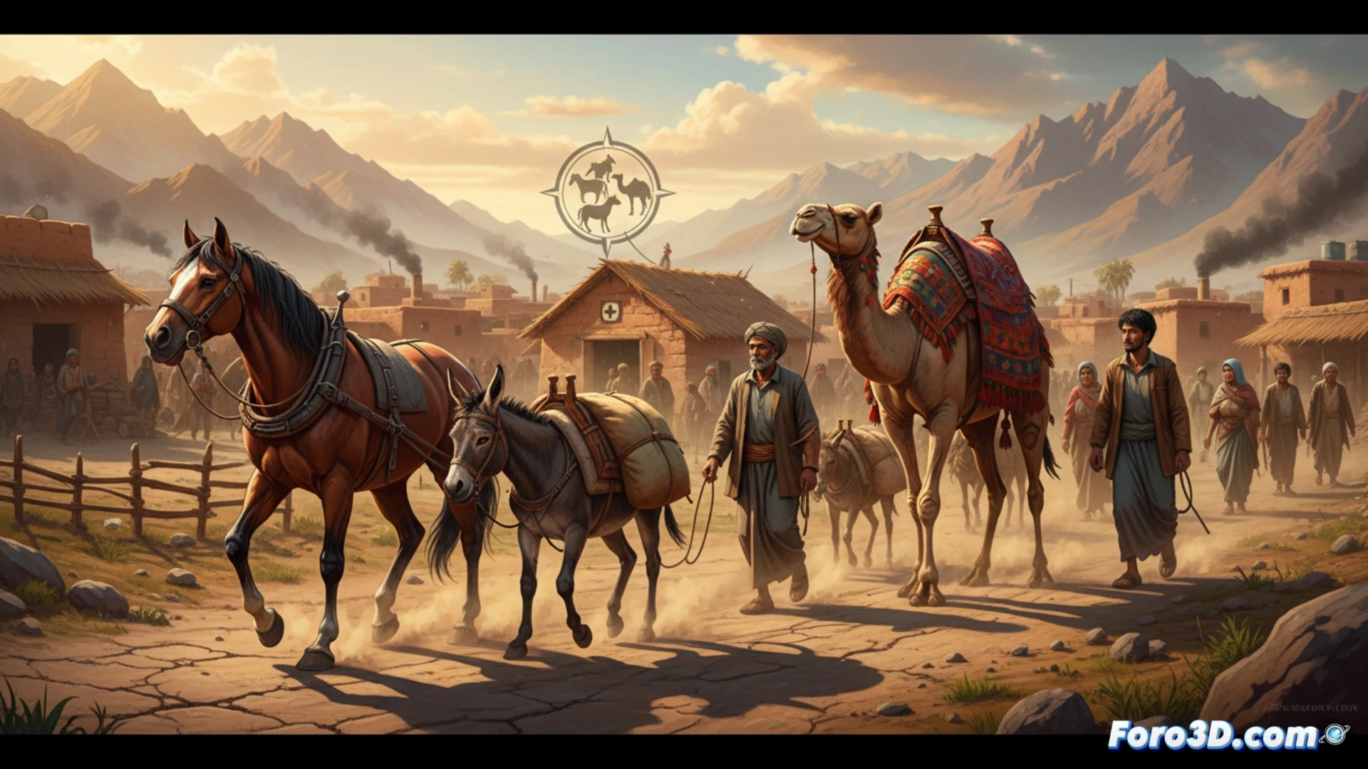 Un burro y un caballo tiran de carros en un paisaje rural. Al fondo, un camello descansa junto a un letrero que dice 'Working Animals International'.