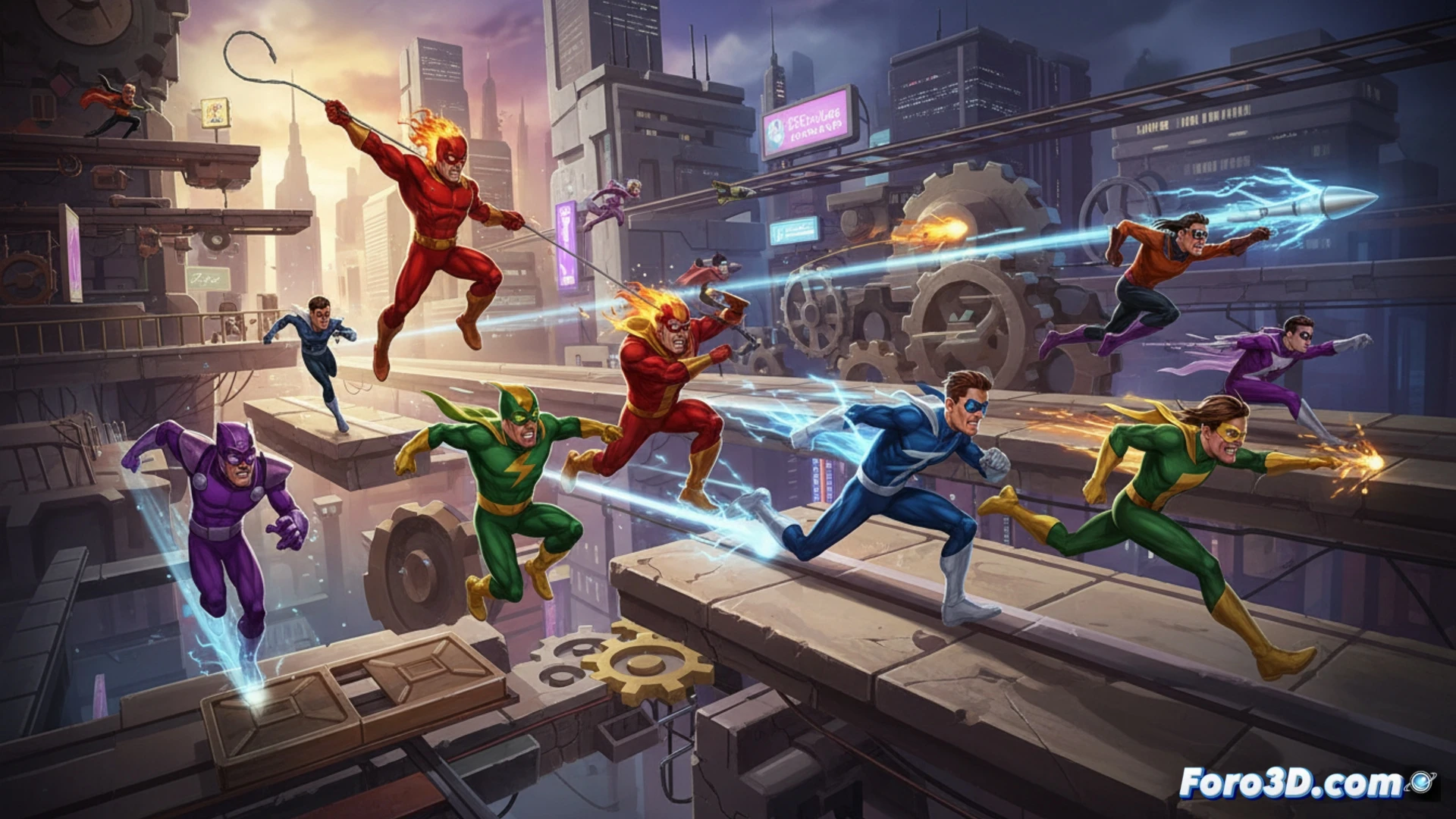 Ocho corredores pixelados compiten en una pista vertical, usando ganchos de agarre para evitar caer fuera de la pantalla, con íconos de PS5, Xbox, Switch y PC.