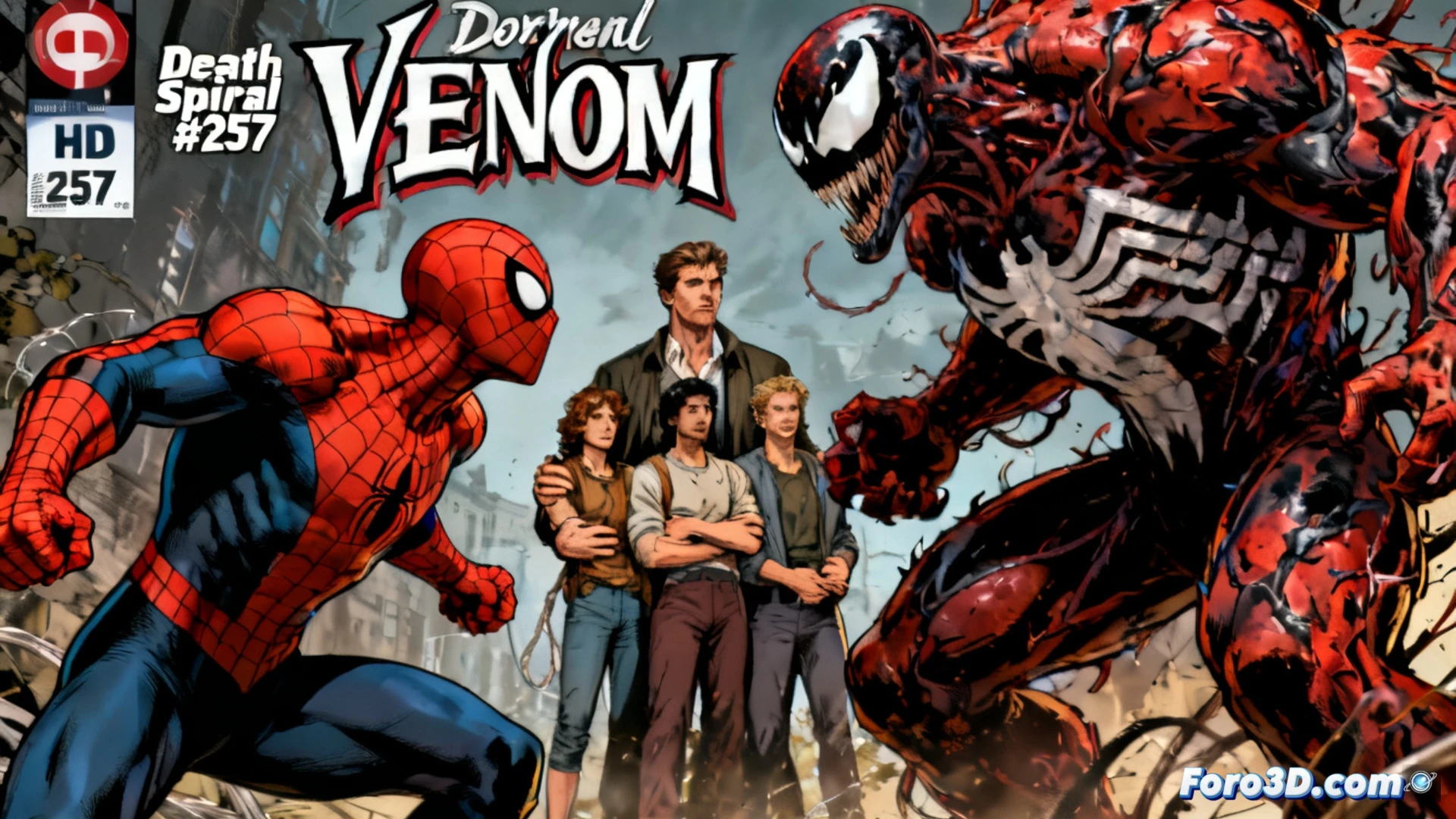 Spider-Man y Carnage, enemigos mortales, luchan juntos contra un caos rojo y negro en una ciudad oscura.