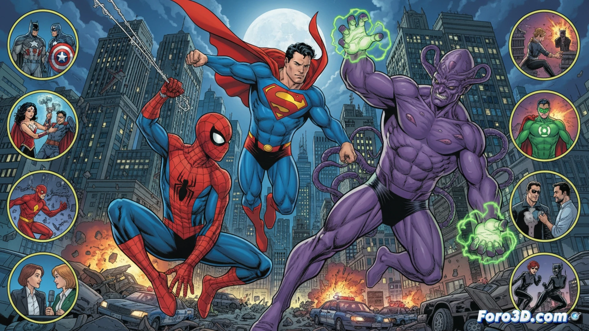 Spider-Man y Superman se encuentran en una portada dinámica, con viñetas que muestran sus universos cruzándose.