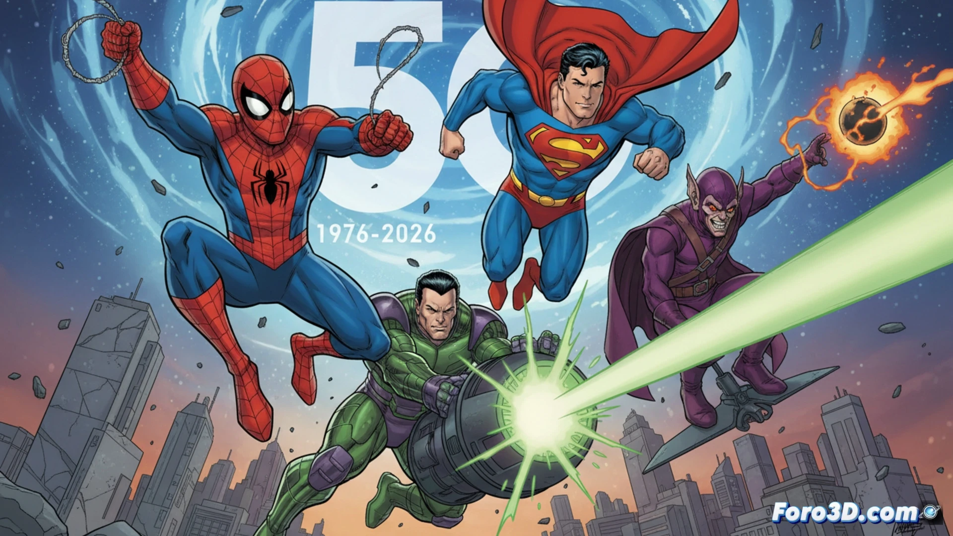 Descripción para imagen (80-120 caracteres): Spider-Man y Superman juntos en acción contra Lex Luthor y Norman Osborn, con portadas variantes al fondo.
