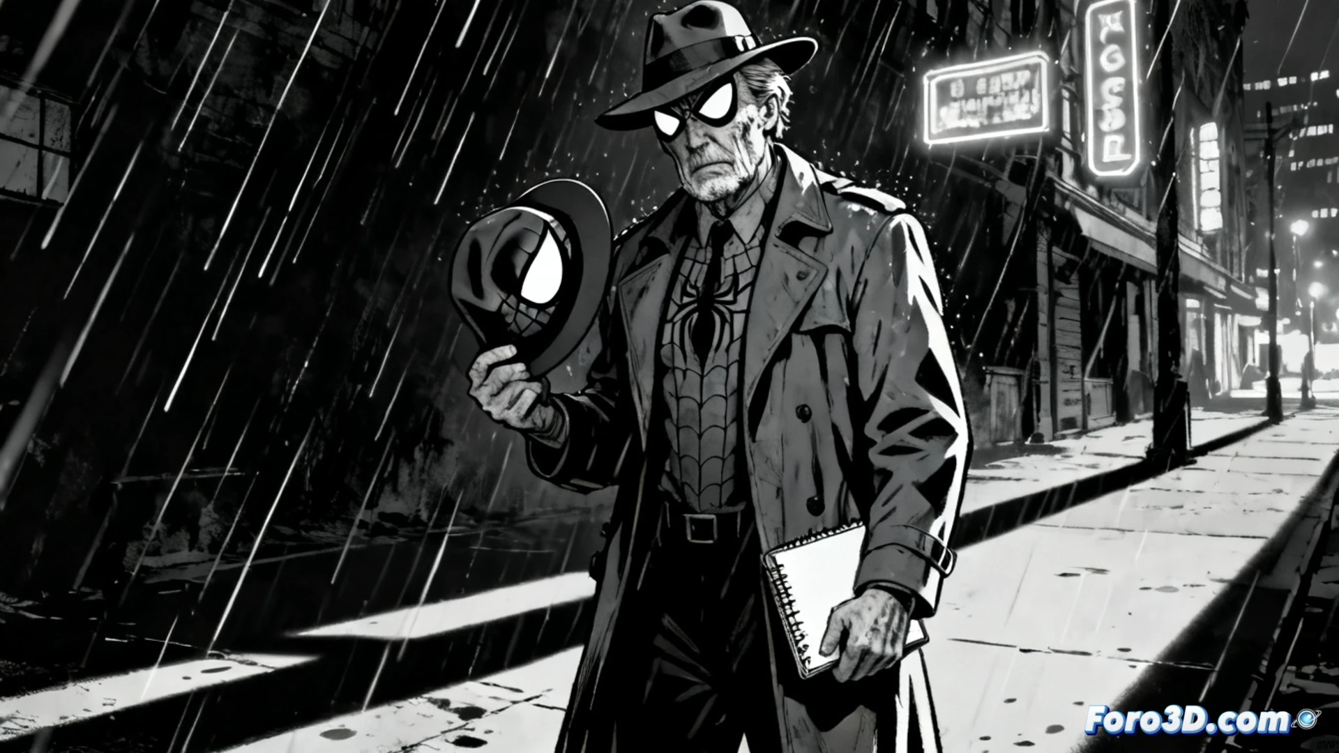 Nicolas Cage como Ben Reilly, detective canoso en callejón lluvioso, sombras alargadas y máscara de araña en mano.