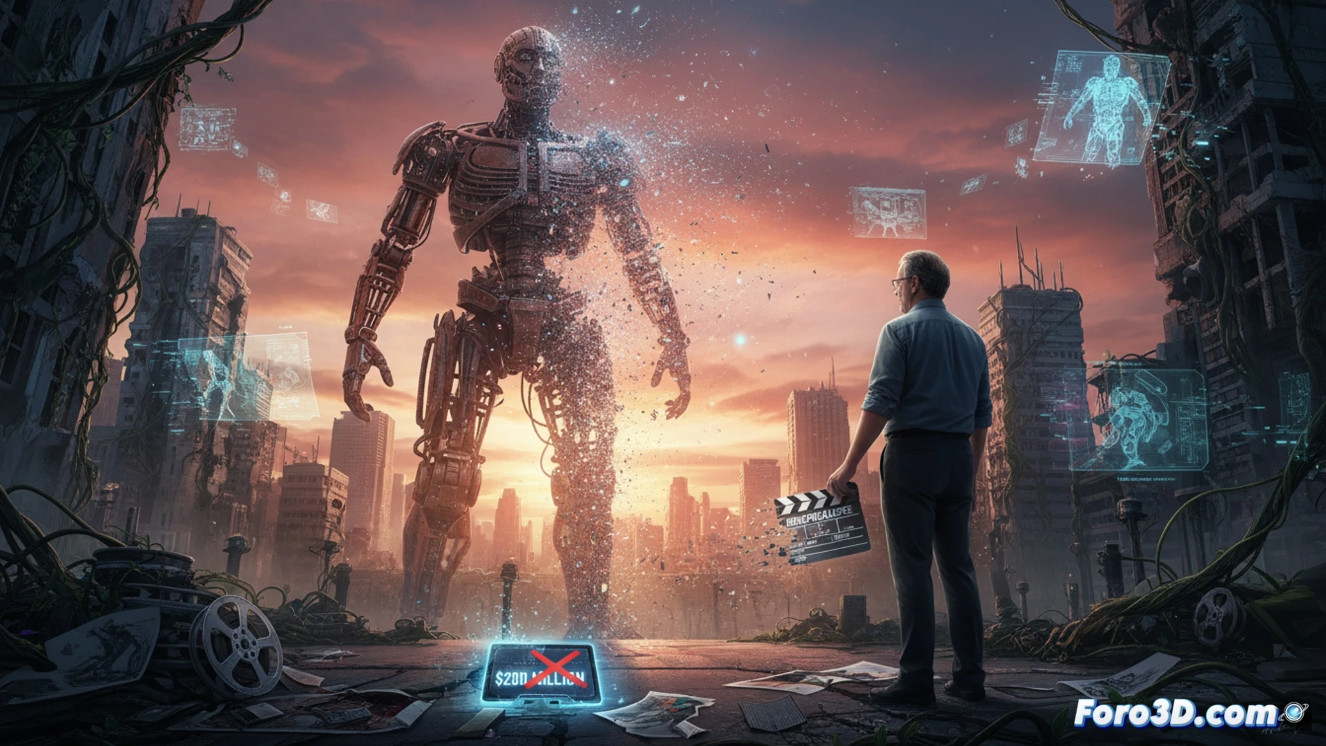 Un director mira un guion con un robot tachado, mientras calculadoras y gráficos financieros rojos lo rodean.