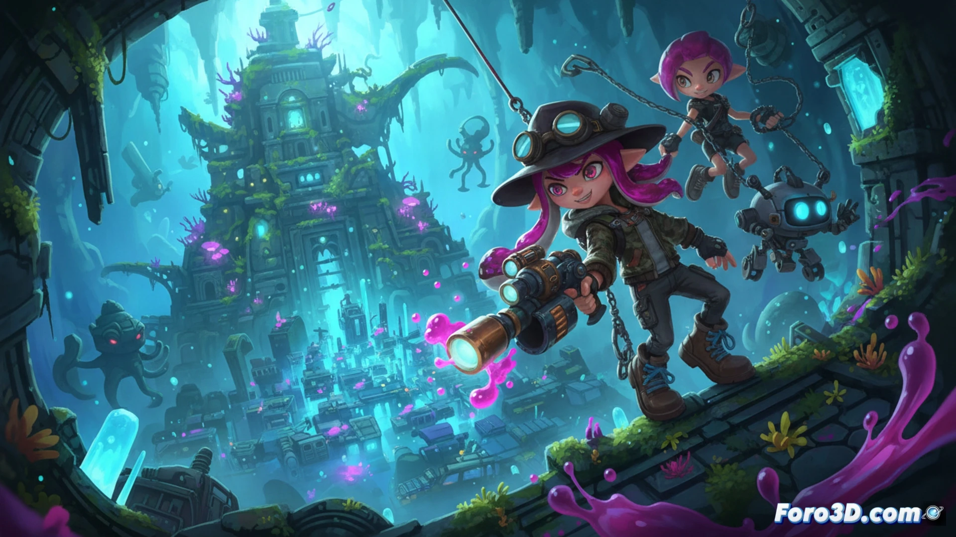 Ilustración colorida de un 'inkling' en acción, con el logo de Splatoon Raiders y un '7' de PEGI destacado.