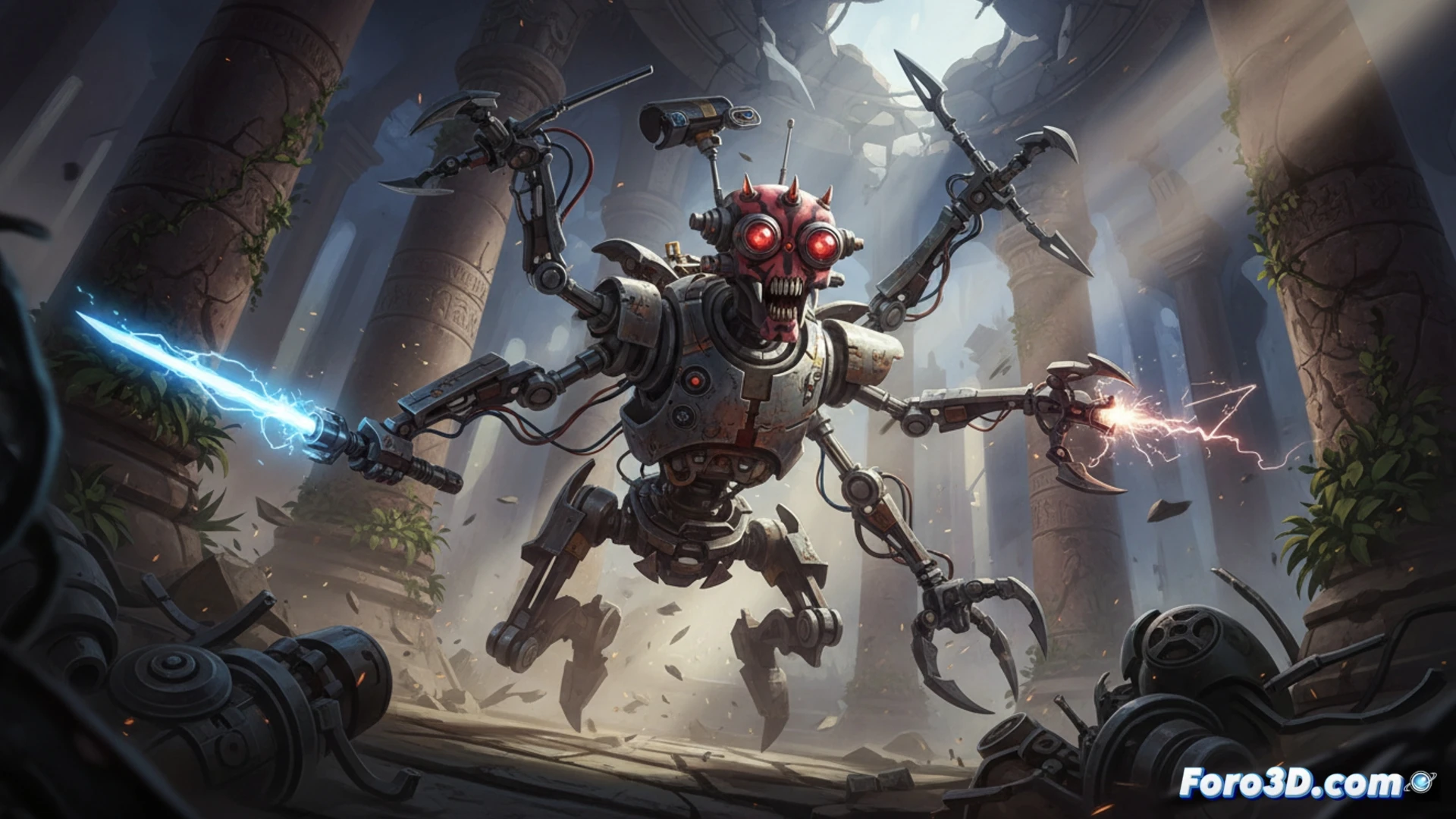 Un droide espía gris y negro, con actitud caótica, conectando las historias de Shadow Lord y The Force Unleashed.