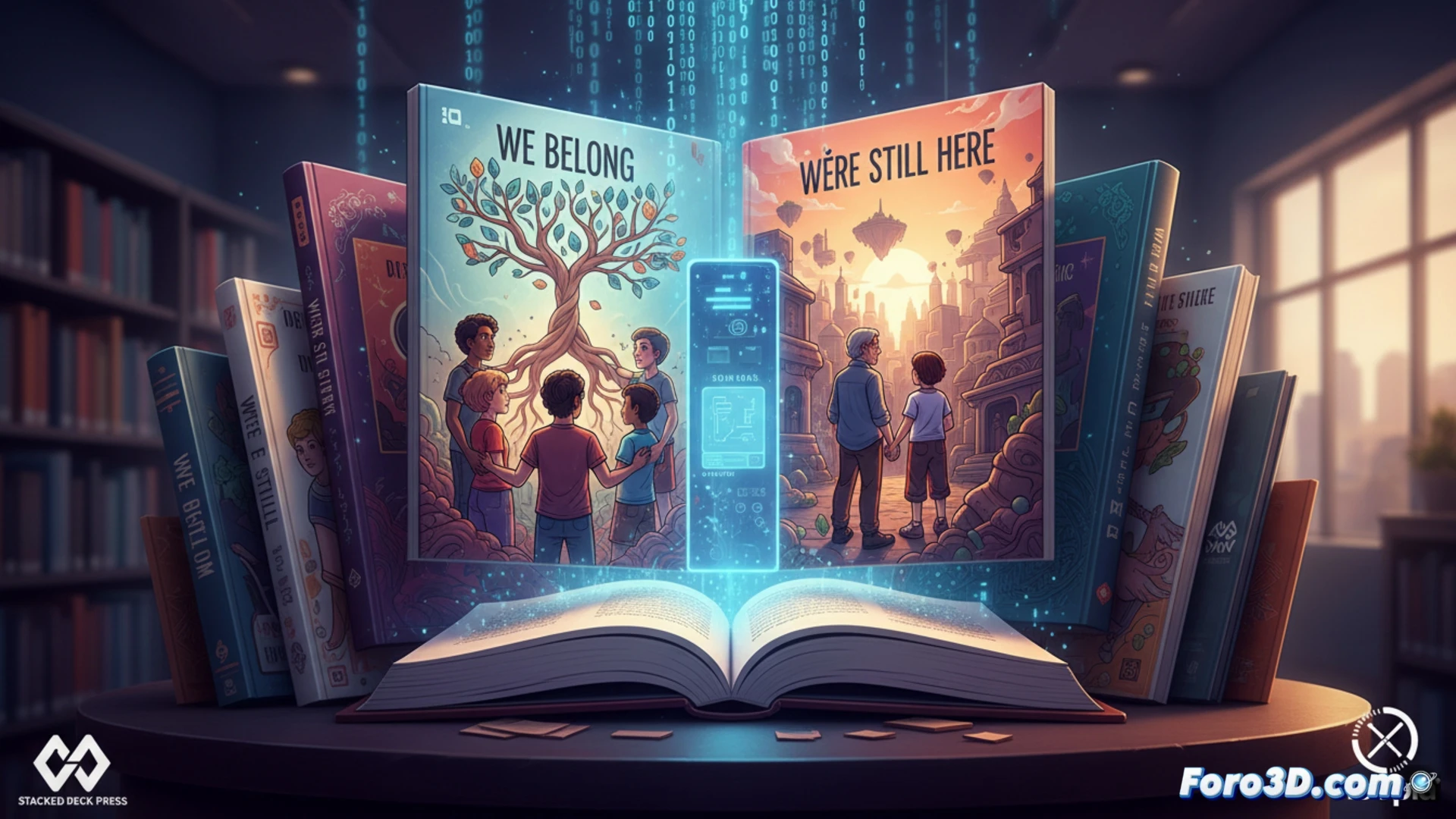 Un mostrador de biblioteca digital muestra cómics de Stacked Deck Press sobre identidad y pertenencia en Hoopla.