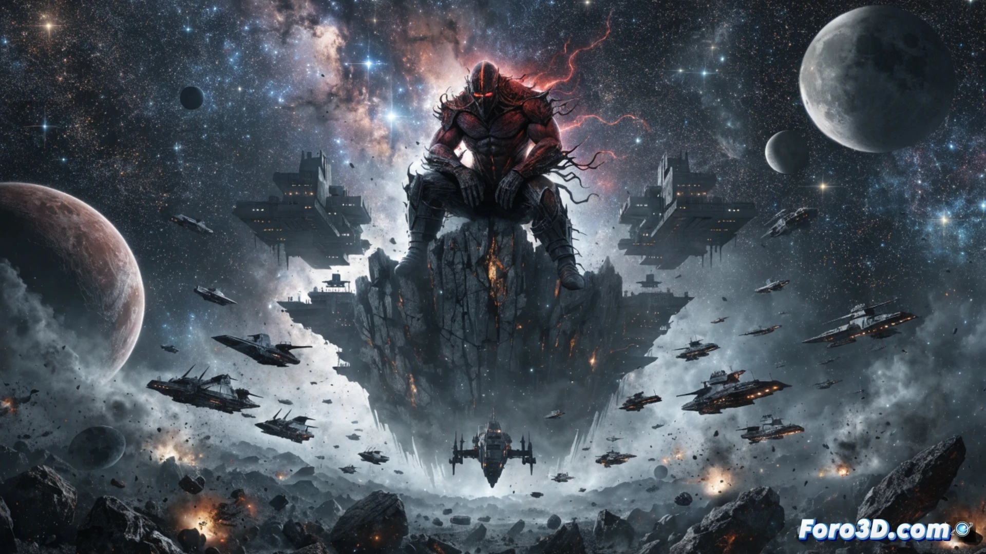 Una figura encapuchada con cuernos rojos y negros, Maul, proyecta una larga sombra sobre un mapa estelar holográfico, mientras sus leales guerreros Mandalorianos lo flanquean.