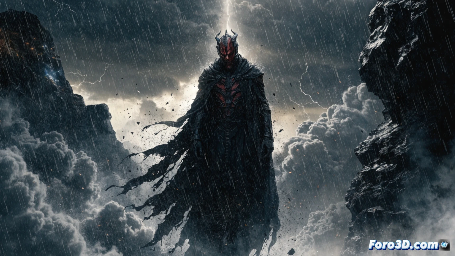 Darth Maul medita entre ruinas, su silueta recortada contra un cielo de dos soles. Cicatrices visibles, reflejo de su reconstrucción interior.