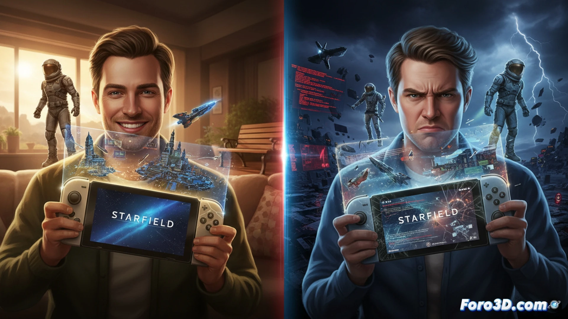 Un astronauta de Starfield en una pantalla portátil, con gráficos pixelados y caída de frames en el fondo.