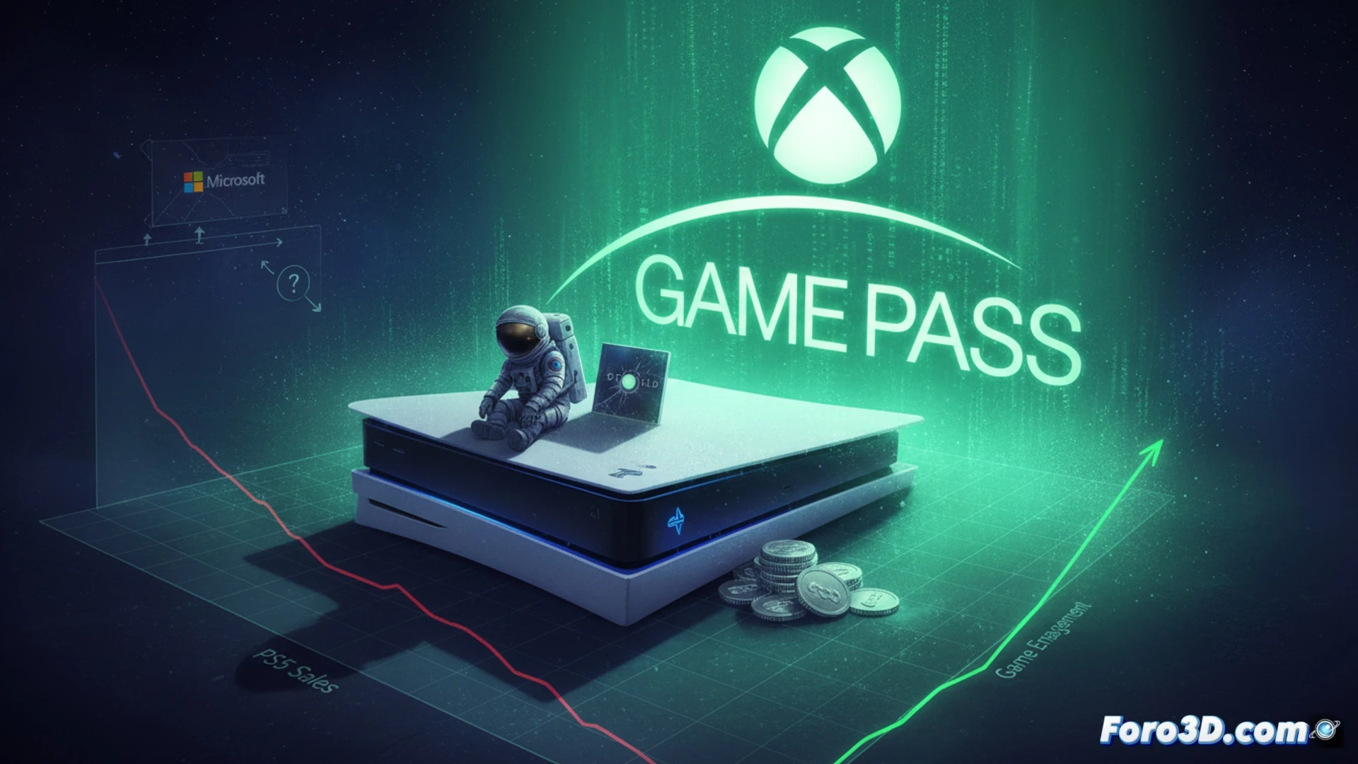 Un astronauta observa un planeta distante desde su nave, con gráficos de ventas discretas reflejados en el cristal del casco.