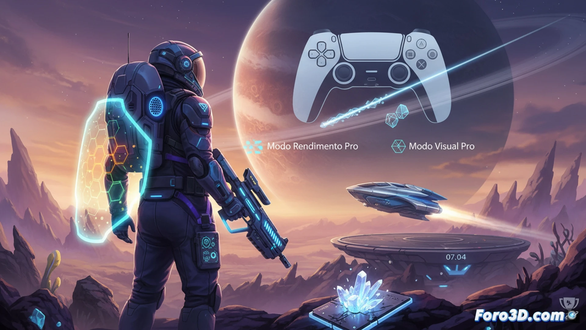 Vista orbital de un planeta alienígena, con la interfaz HUD de Starfield y el logo de PS5 en la esquina.