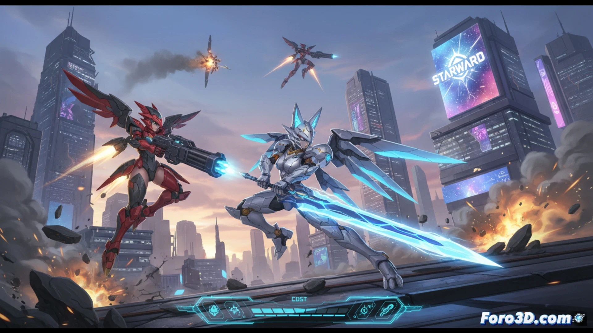 Dos mechas femeninos, uno plateado y otro dorado, chocan en un combate aéreo explosivo sobre una ciudad futurista iluminada.