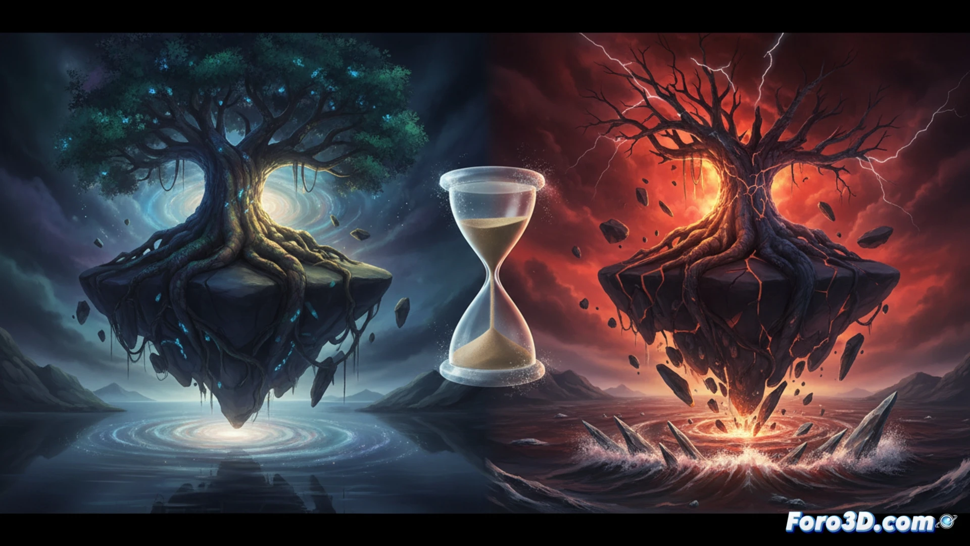 Una mano humana sostiene delicadamente una esfera de cristal donde un bosque en miniatura sufre una transformación acelerada, entre la armonía y el caos.