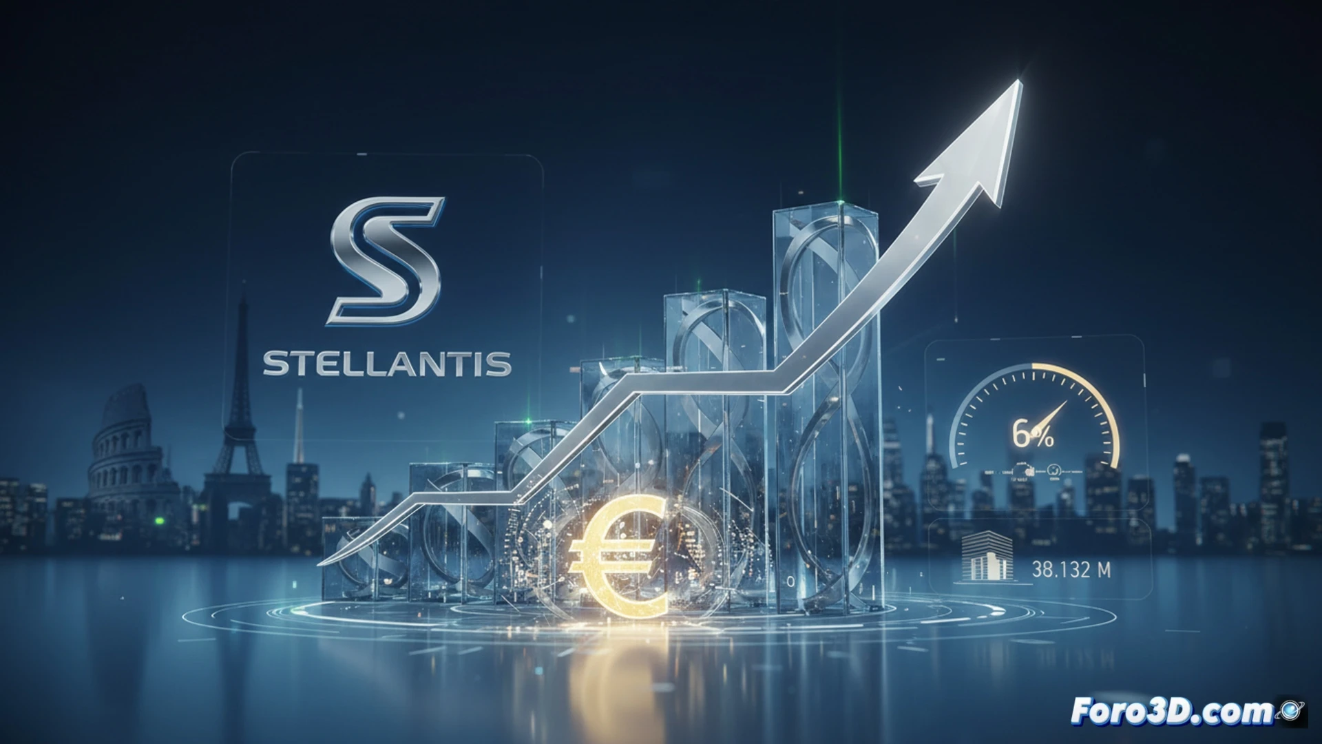 Una gráfica financiera muestra un ascenso del 6% en ingresos hasta 38.132 millones de euros, con el rostro de Toni Filosa, nuevo CEO de Stellantis, al fondo.