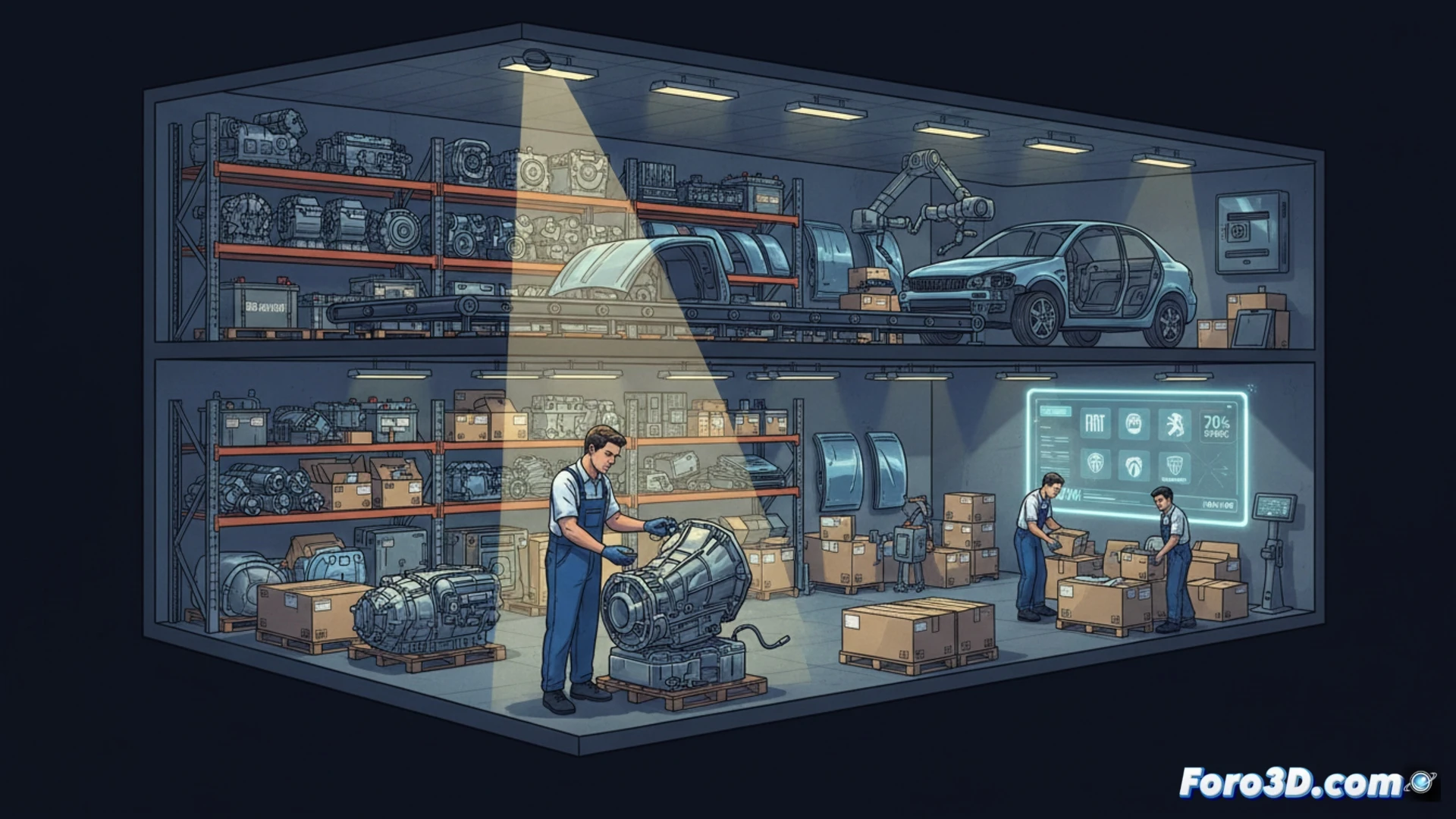 Una plataforma de eBay muestra repuestos usados oficiales de Stellantis con etiquetas de descuento. Al fondo, el centro de reciclaje de Mirafiori.