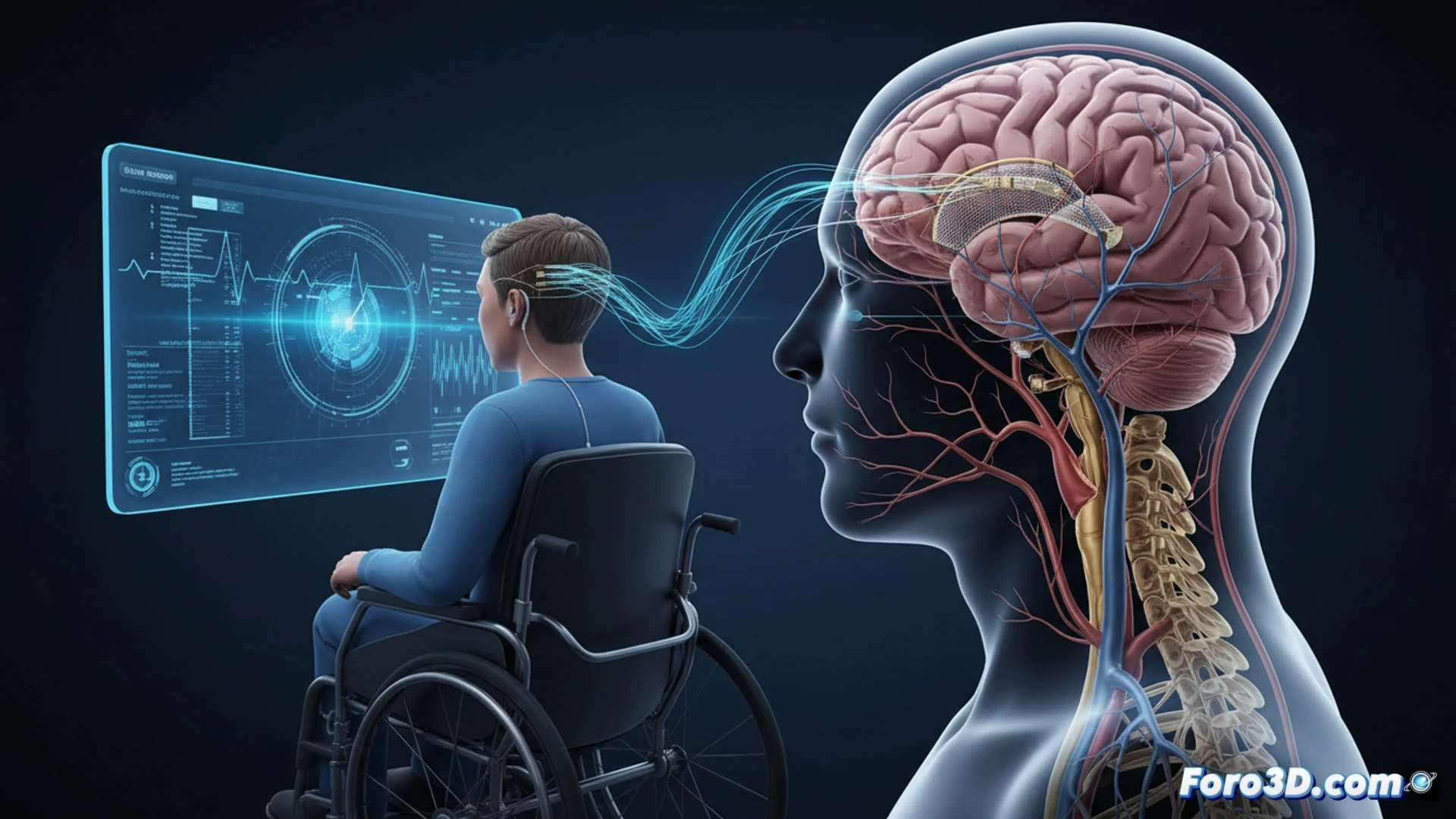 Dispositivo tipo stent desplegado en un vaso sanguíneo cerebral, captando señales neuronales.