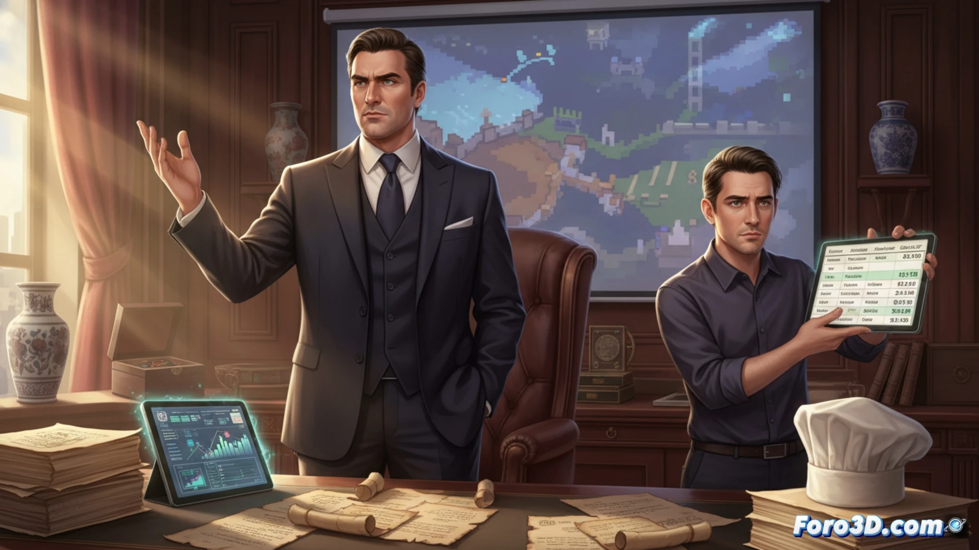 Imagen del fundador Steven Sharif con gesto serio, superpuesto a documentos contables y el logo de Ashes of Creation.