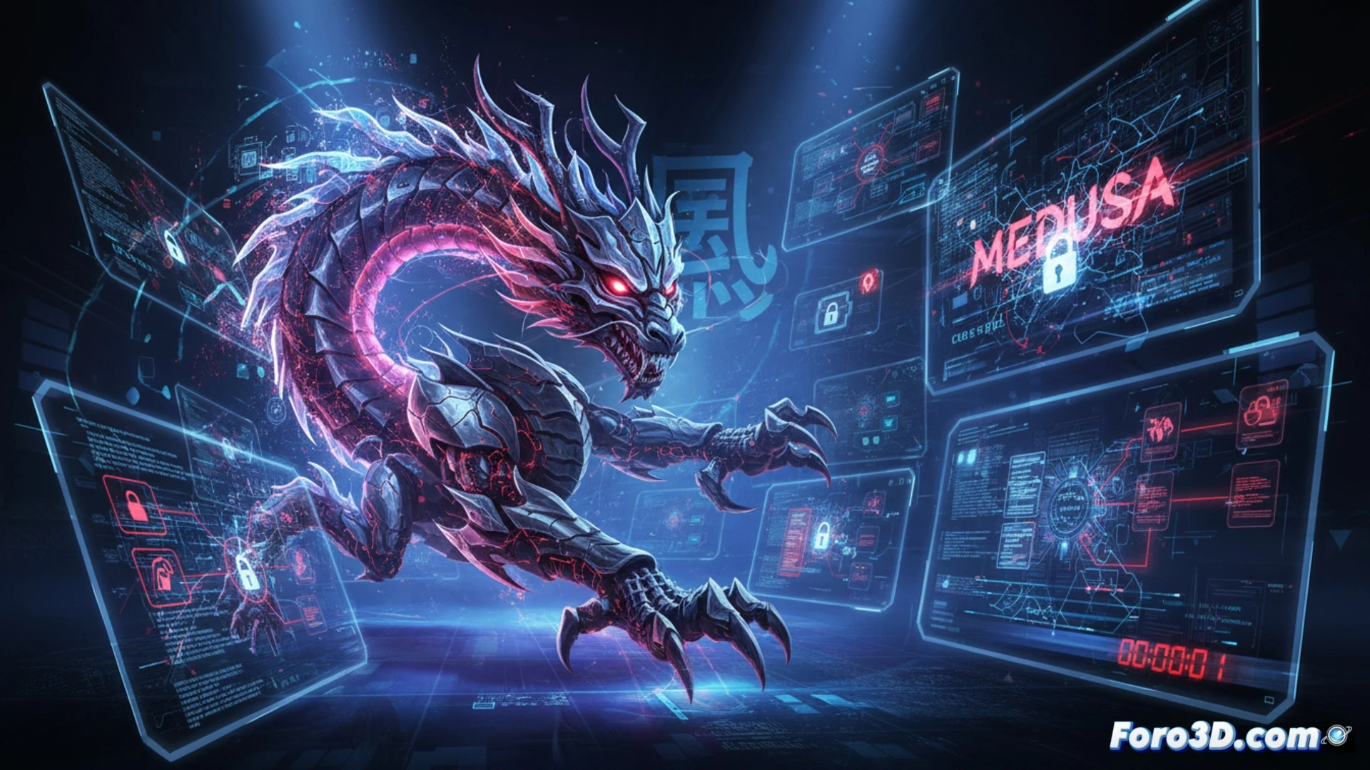 Una pantalla oscura con líneas de código verde, un mapa mundial con puntos rojos de infección y el logo del ransomware Medusa.