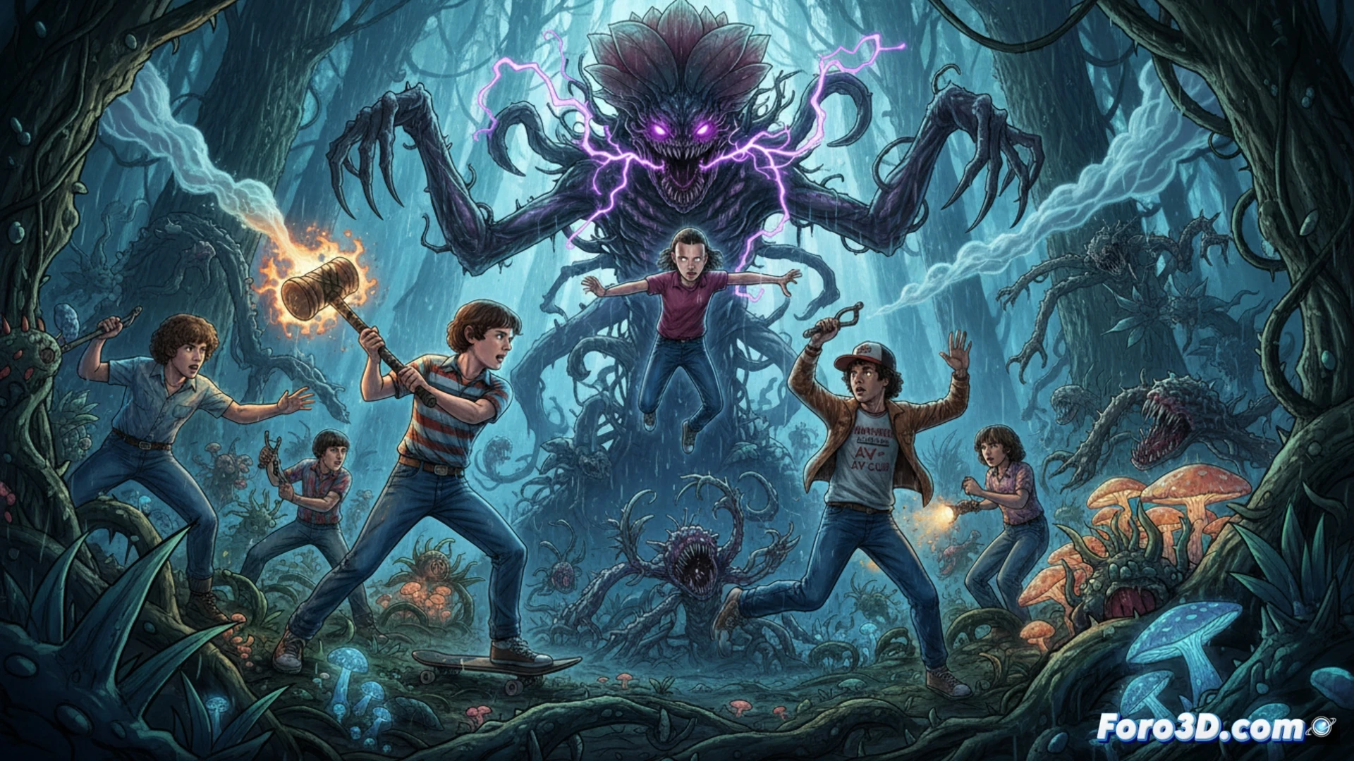 Una escena vibrante del spin-off animado: Will blande un mazo modificado, Lucas y Max usan a Dustin como cebo, y Eleven despliega sus poderes telequinéticos contra La Reina y su ejército de plantas, en un enfrentamiento clave entre las temporadas 2 y 3.