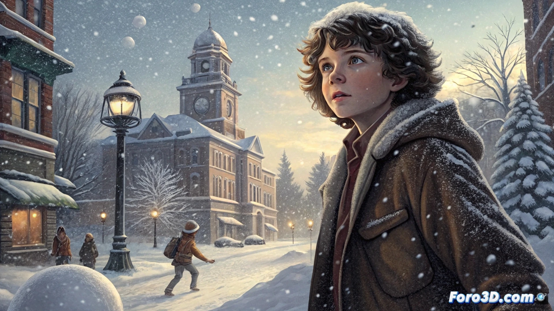 Seis jóvenes en chaquetas invernales luchan con bolas de nieve en Hawkins; bajo el hielo, un ojo rojo brillante acecha.