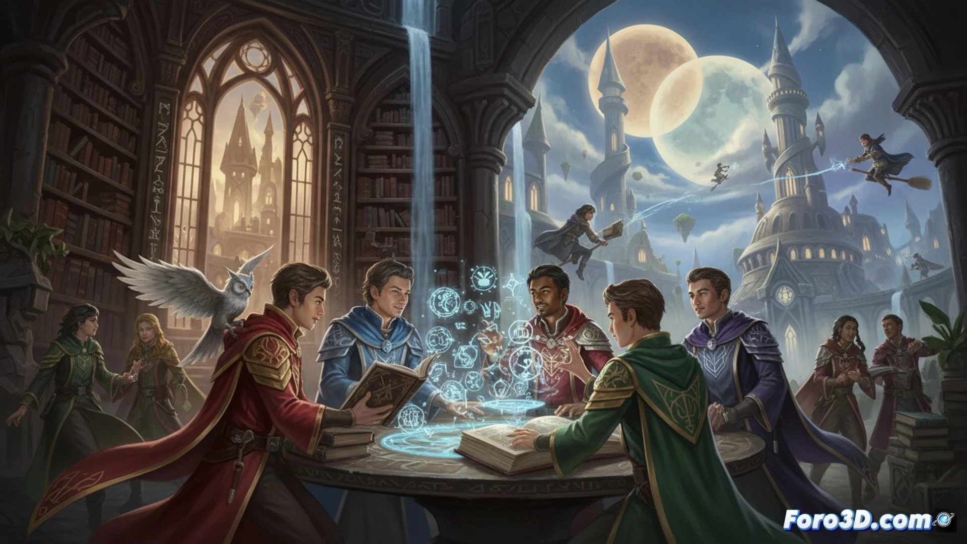 Una escena vibrante del campus de Strixhaven: estudiantes lanzan hechizos entre torres flotantes, libros abiertos y exámenes mágicos, mientras criaturas arcanas acechan en bibliotecas iluminadas por velas.