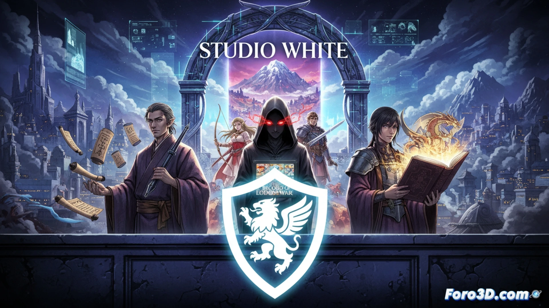 Un logotipo de Studio White con tres flechas entrelazadas sobre un fondo de viñetas verticales de Lodoss War.