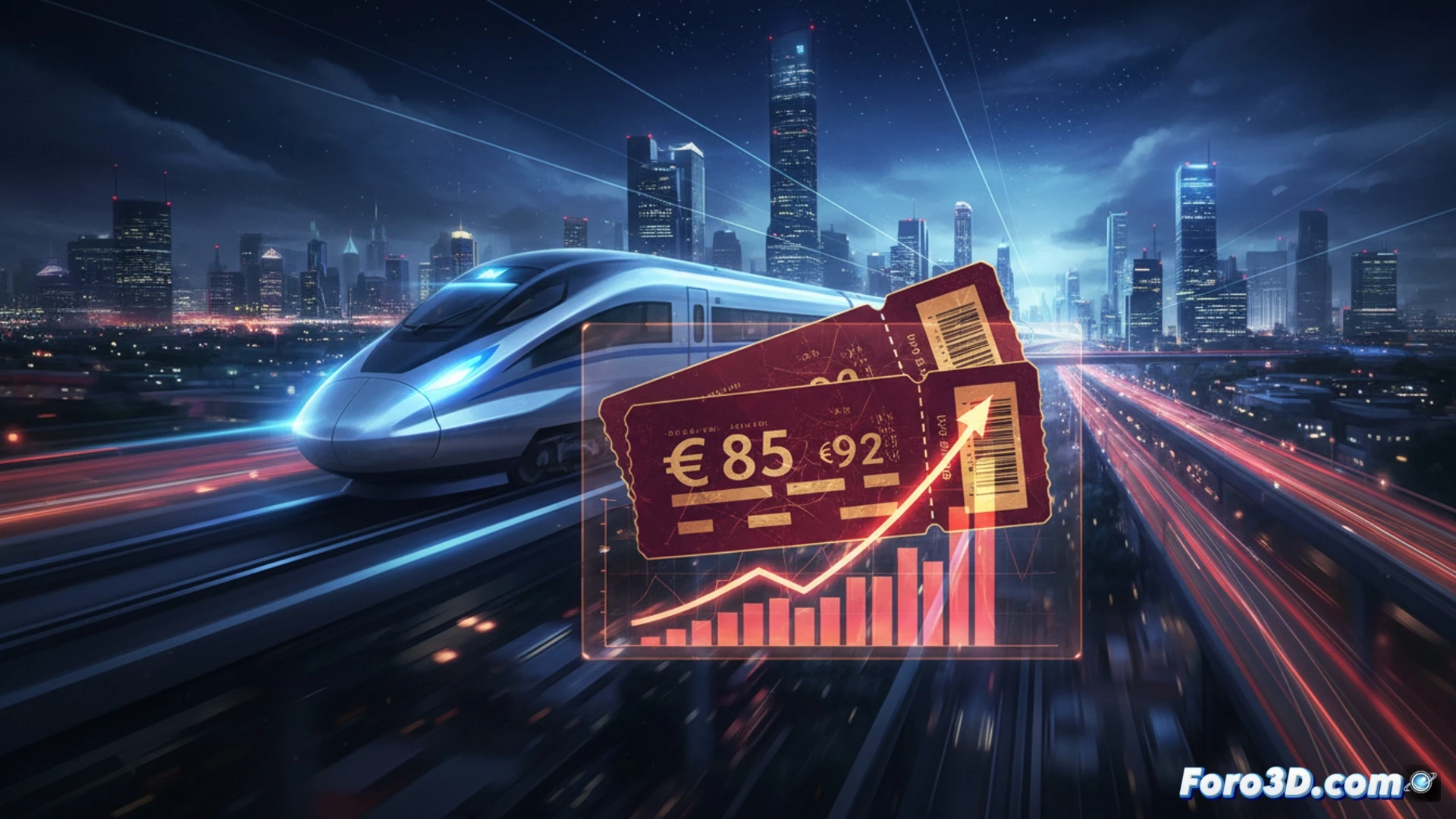 Un pasajero mira su móvil con billete AVE a 95 euros, junto a un reloj marcando hora punta y un tren borroso al fondo.