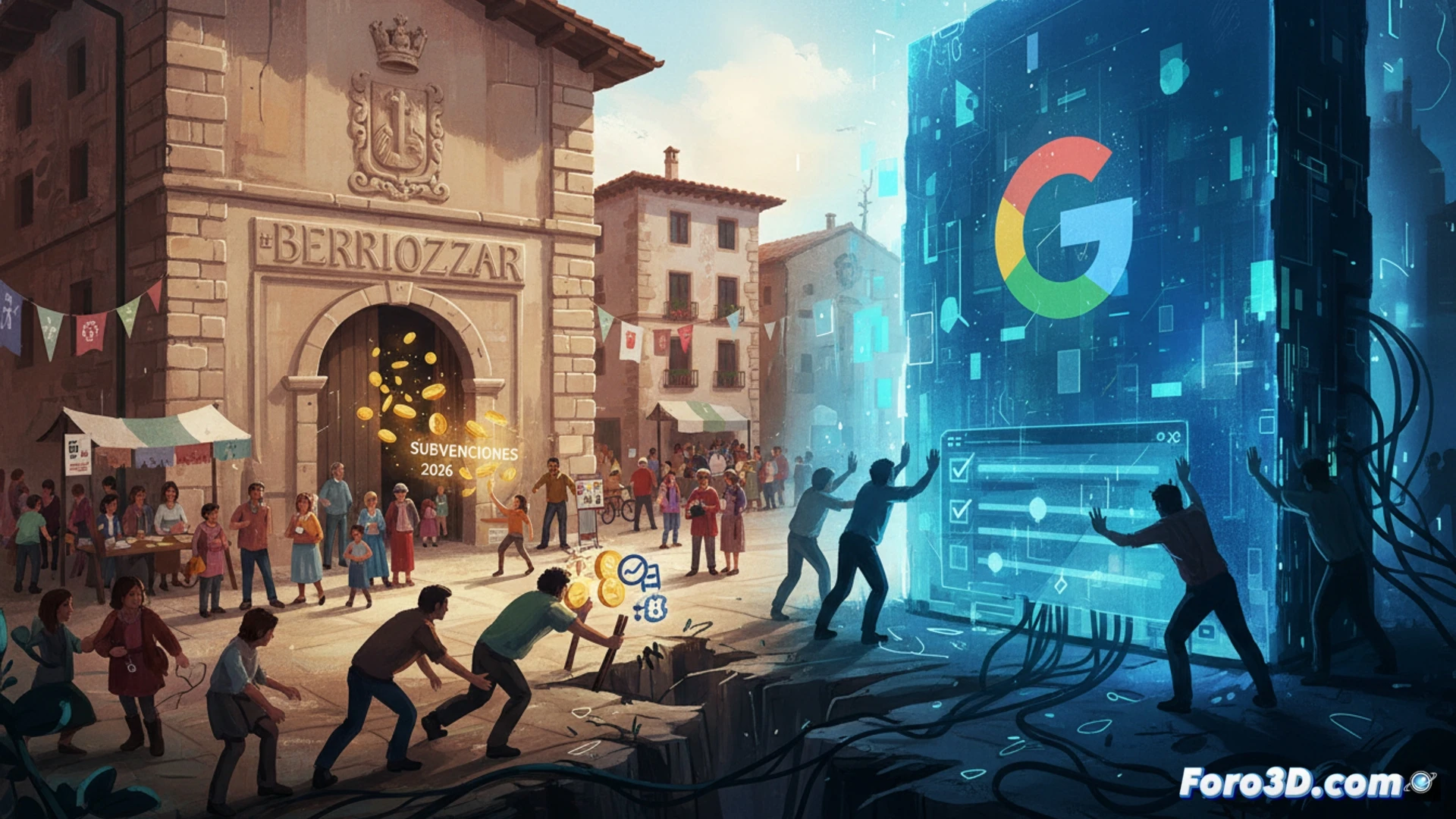 Un cartel municipal de Berriozar anuncia subvenciones 2026, pero un muro digital de Google con aviso de cookies bloquea la lectura.