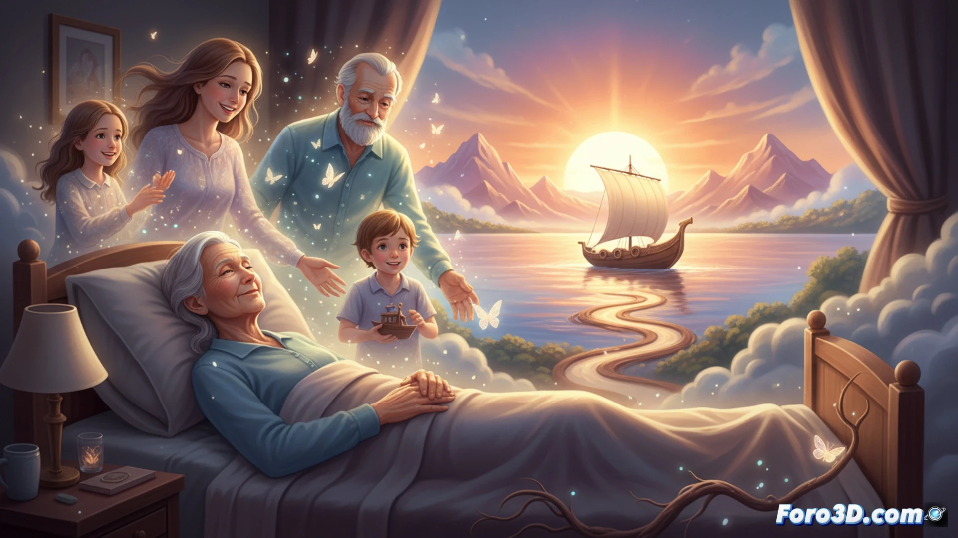 Una persona mayor en paz, con una suave luz dorada, mientras visiona a seres queridos difusos y símbolos de viaje a su alrededor.