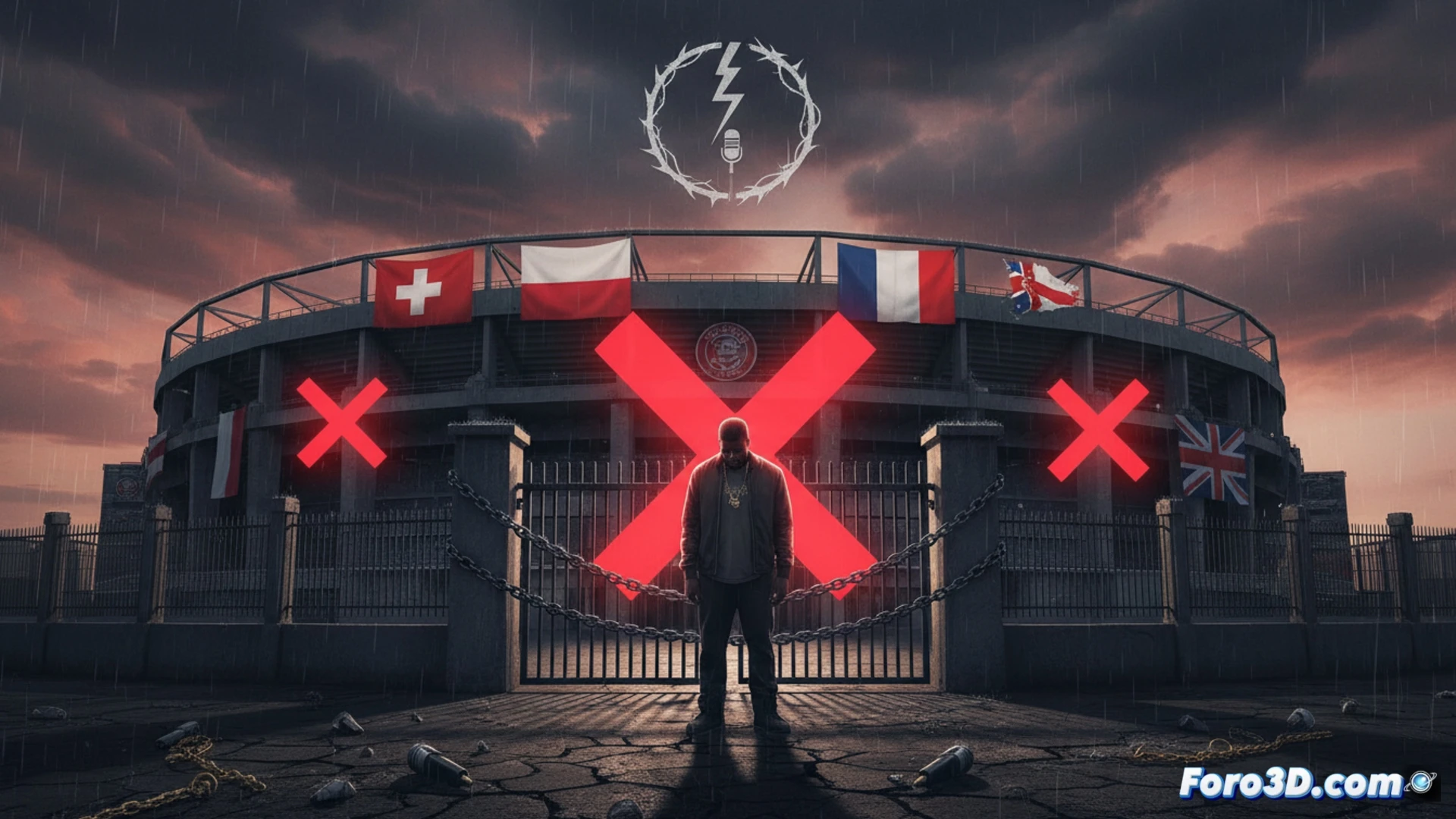 Un estadio vacío con la bandera suiza ondeando, sobre él un cartel de concierto de Kanye West tachado en rojo.