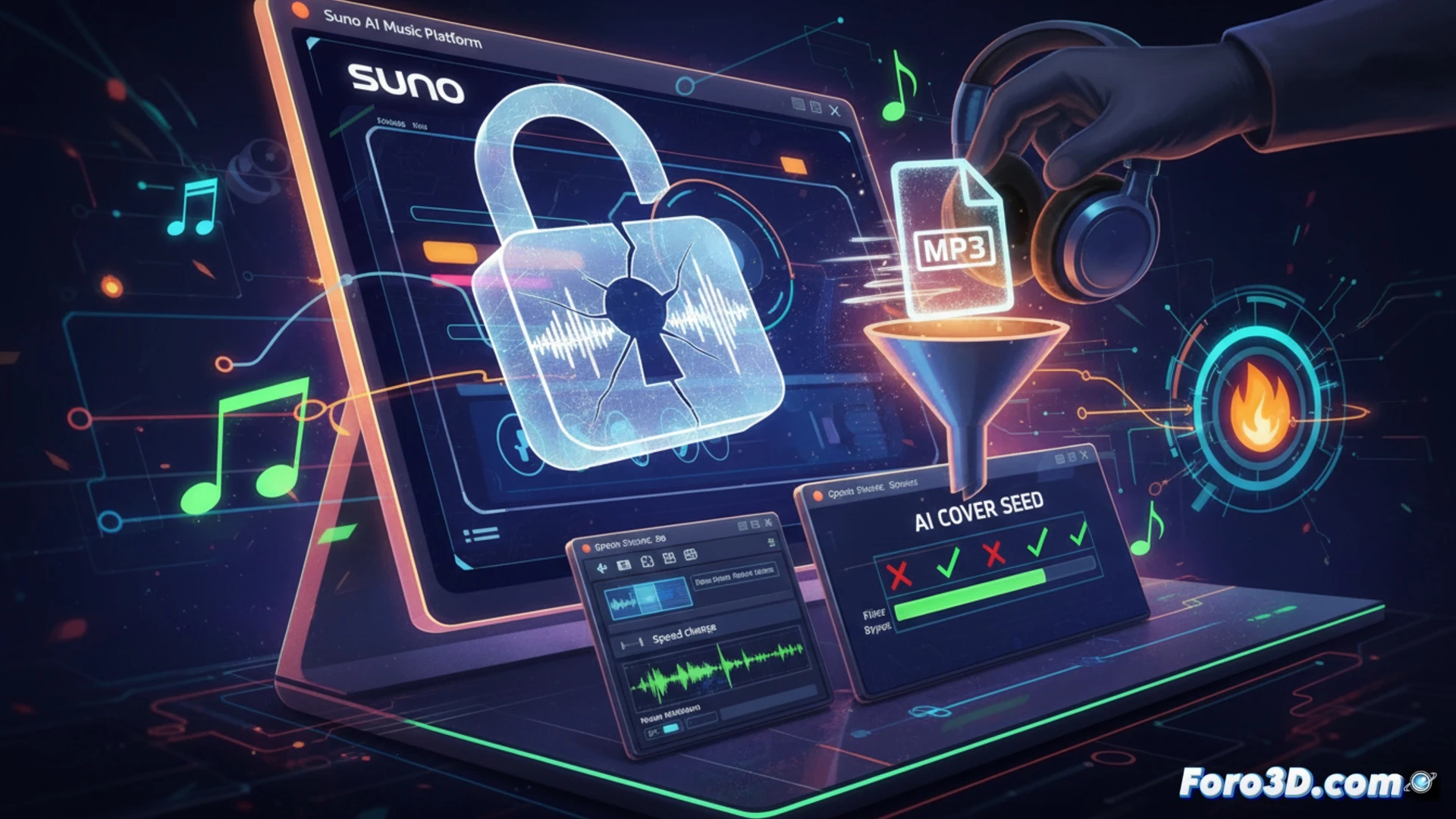 Una computadora muestra la interfaz de Suno junto a Audacity con una pista de ruido blanco, burlando el filtro.