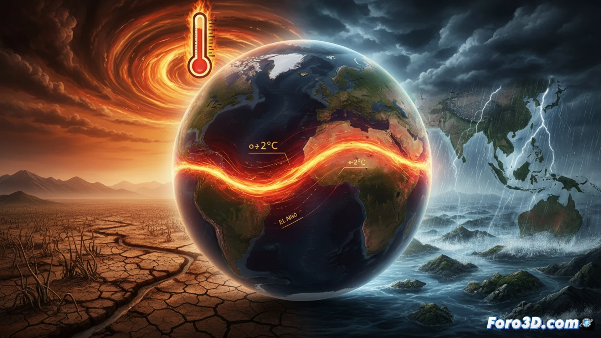 Representación 3D de un mapa de calor oceánico mostrando el calentamiento anómalo del Pacífico durante un super El Niño.