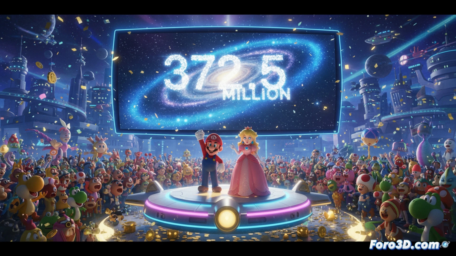 Una enorme pantalla de cine muestra a Mario en el espacio, rodeado de monedas brillantes y cifras de taquilla ascendentes.