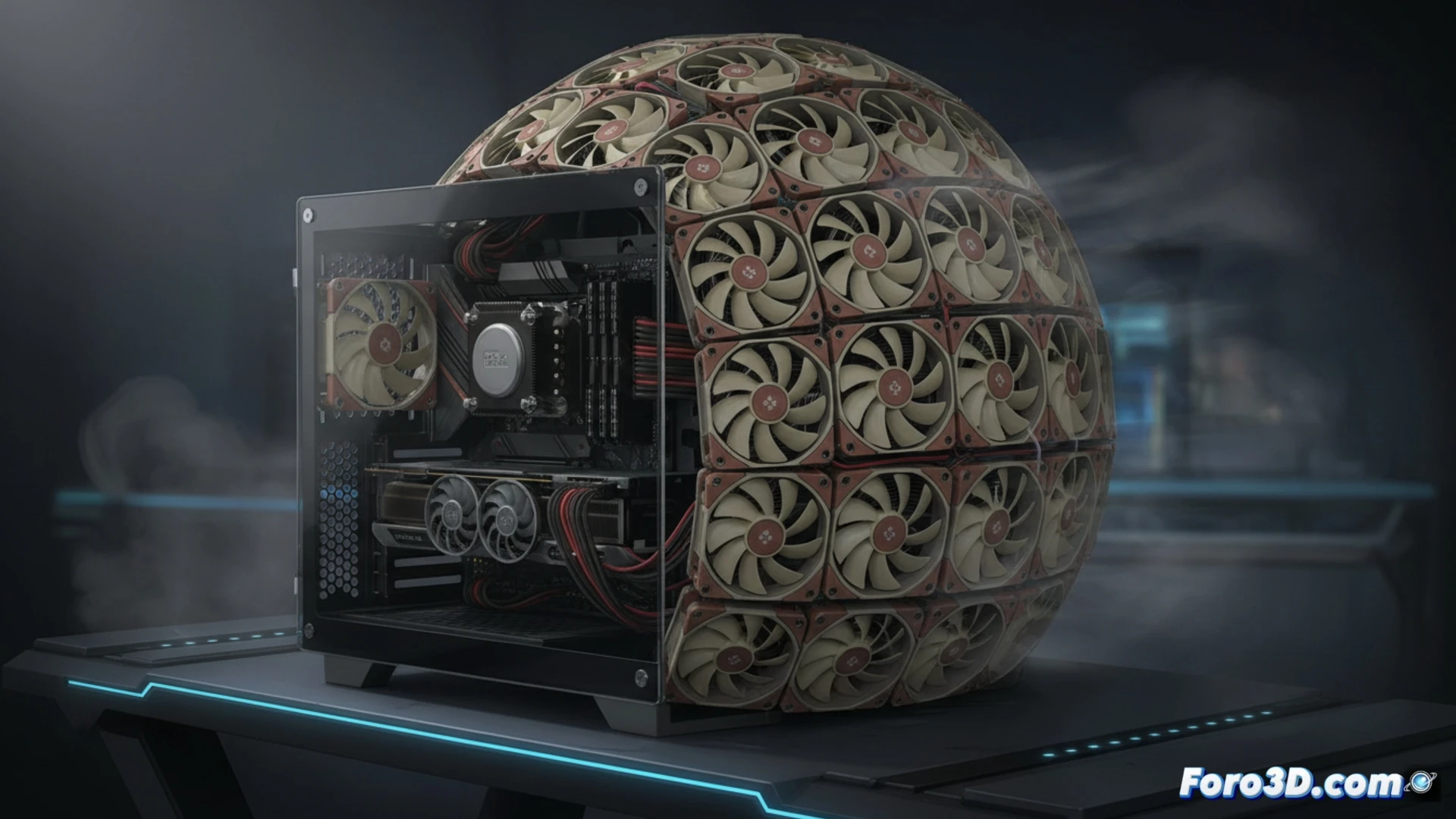 Un lateral de cúpula transparente con quince ventiladores azules instalados, extrayendo aire hacia el interior de la torre de PC.