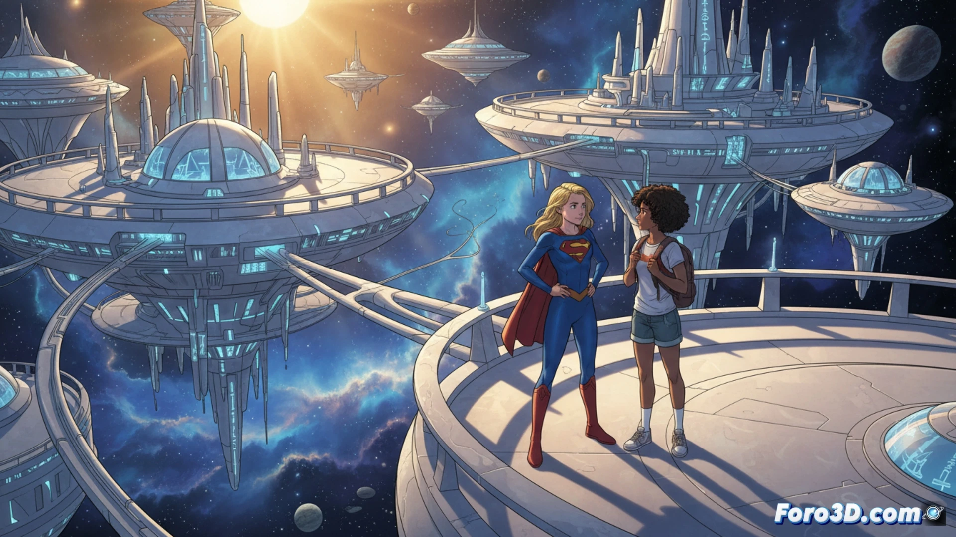 Una ilustración muestra a Supergirl y su amiga Natasha volando hacia Argo City, una ciudad flotante en el espacio con brillantes edificios de cristal, mientras Superman las observa desde lejos, con expresión de sorpresa y tristeza, bajo un cielo estrellado.