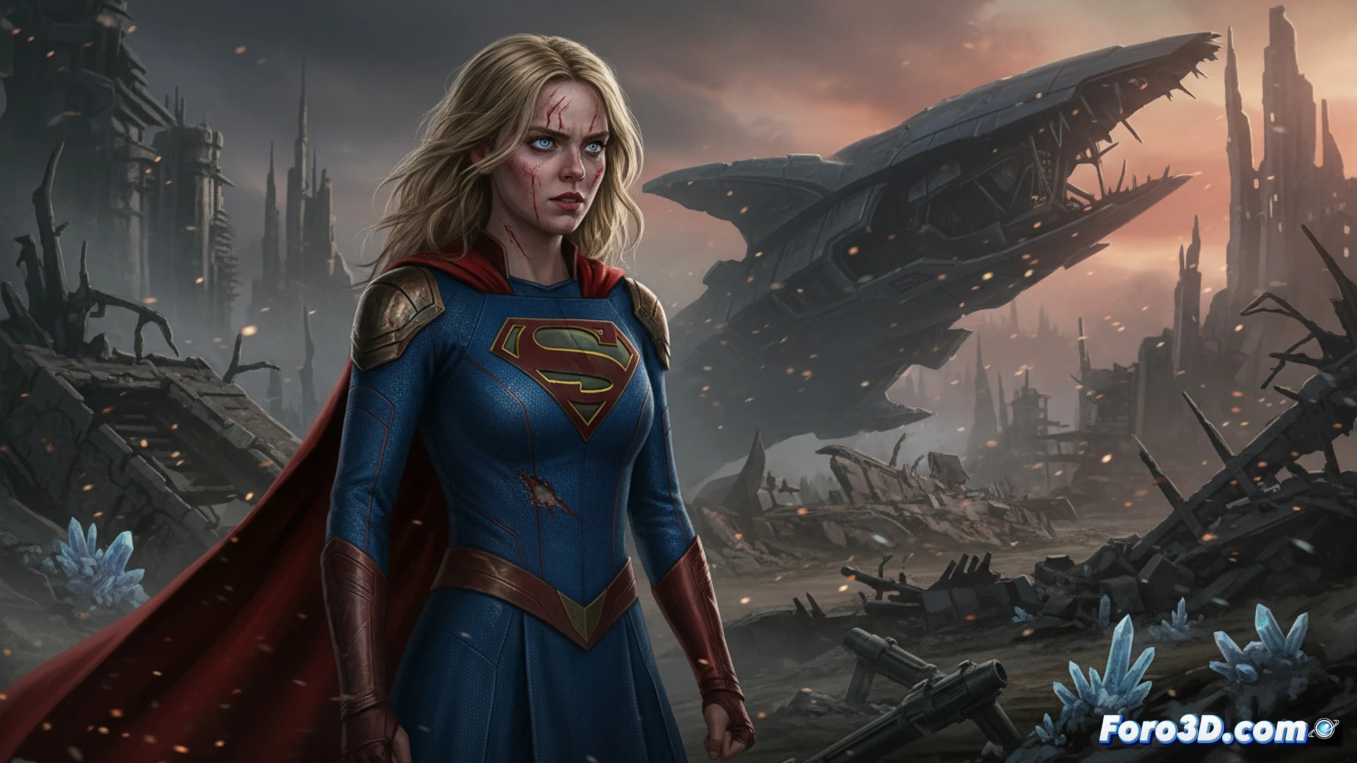 Una Kara Zor-El con mirada feroz, cicatrices y ropa desgastada, de pie entre los restos humeantes de una nave kryptoniana bajo un cielo alienígena rojizo.