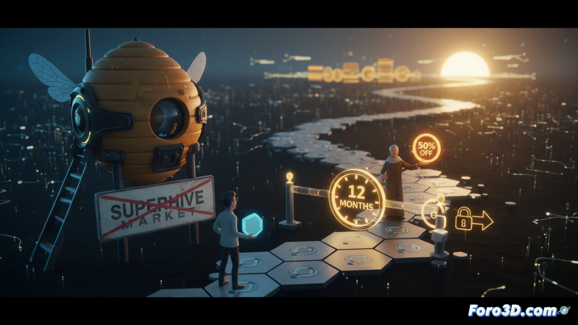 Un desarrollador frustrado mira su pantalla, mostrando un aviso de Soporte Expirado de Superhive, con un gráfico de precios y un reloj marcando 12 meses.