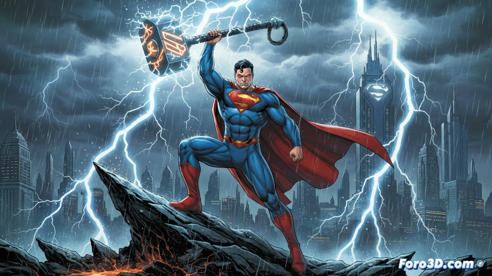 Superman alza un martillo similar al Mjölnir, envuelto en un aura de relámpagos y poder cósmico.