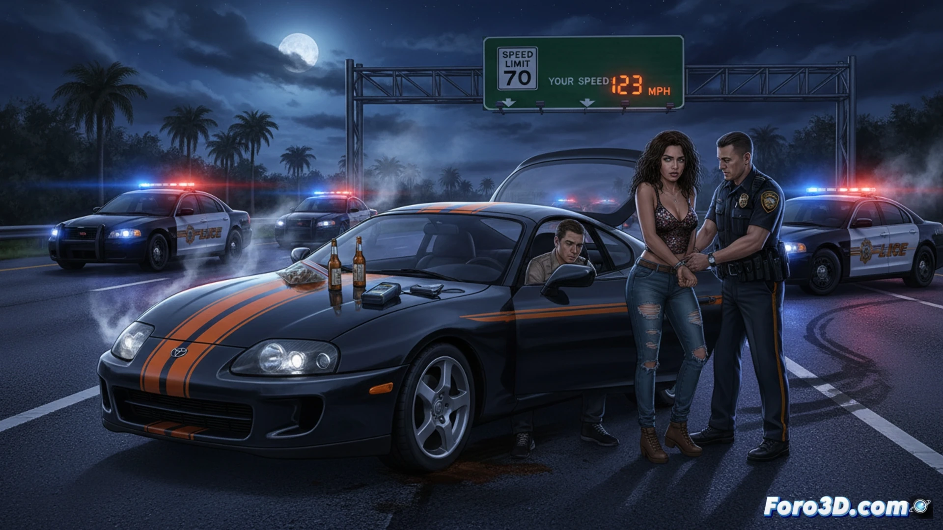 Un Toyota Supra deportivo azul, con luces destellantes de policía reflejadas en su carrocería, detenido al borde de una autopista de Florida de noche.