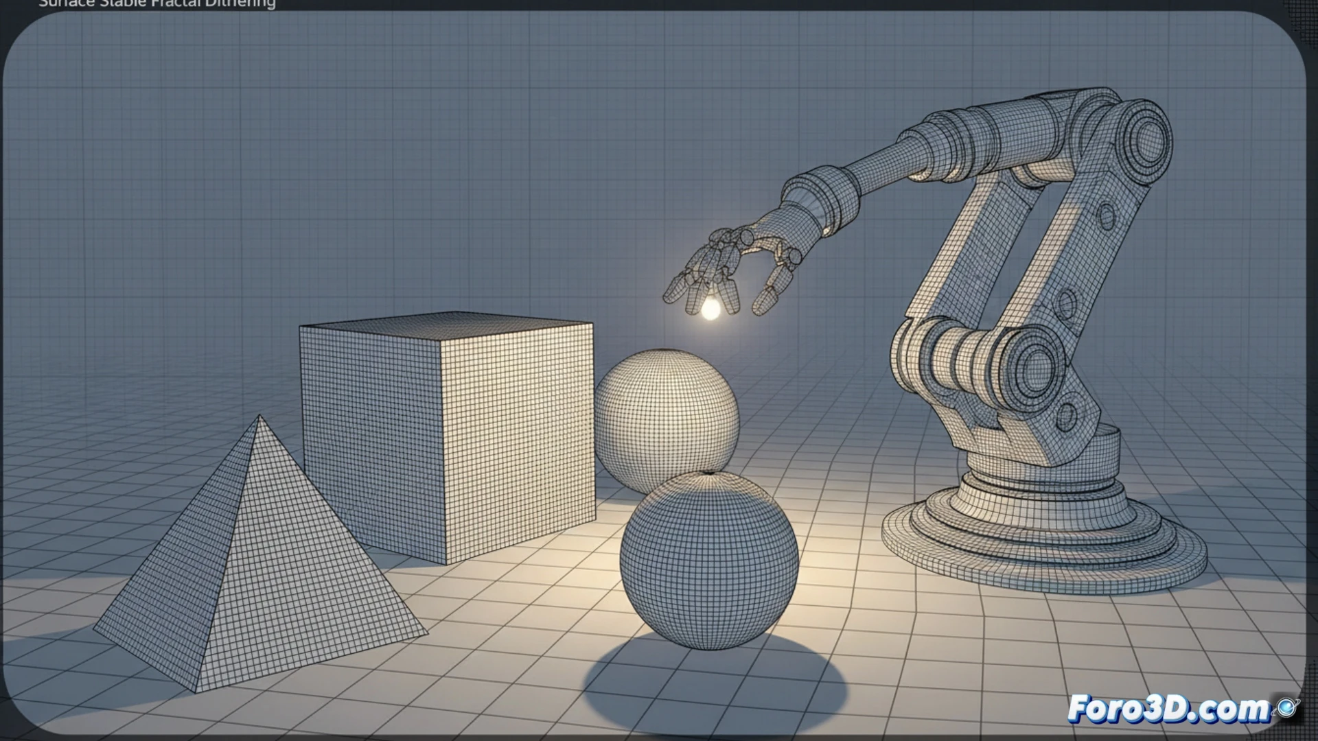 Un render 3D muestra un cubo con tramado fractal estable en Eevee, líneas fijas sin parpadeo al navegar la escena.