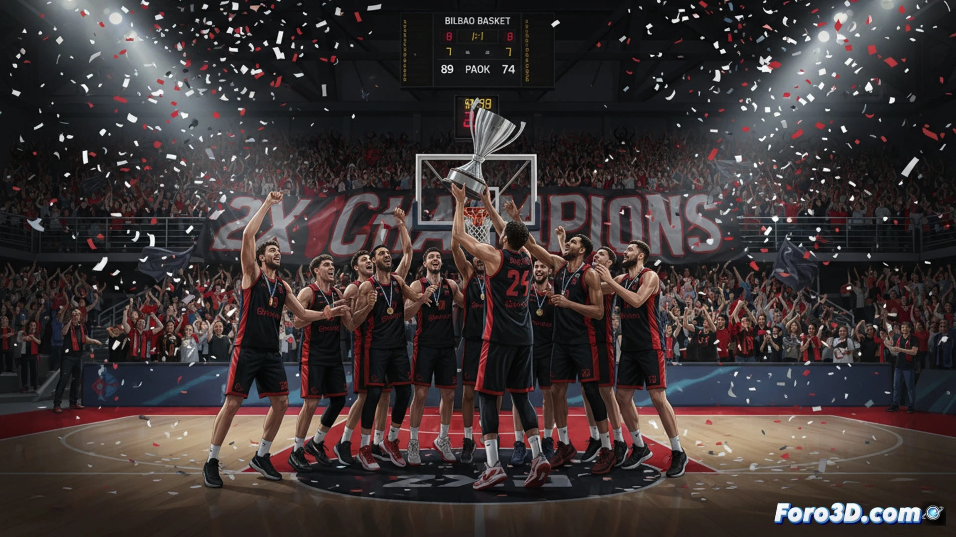 Jugadores del Surne Bilbao Basket levantan el trofeo de la Copa FIBA en Miribilla, con confeti y afición celebrando el bicampeonato ante el PAOK.