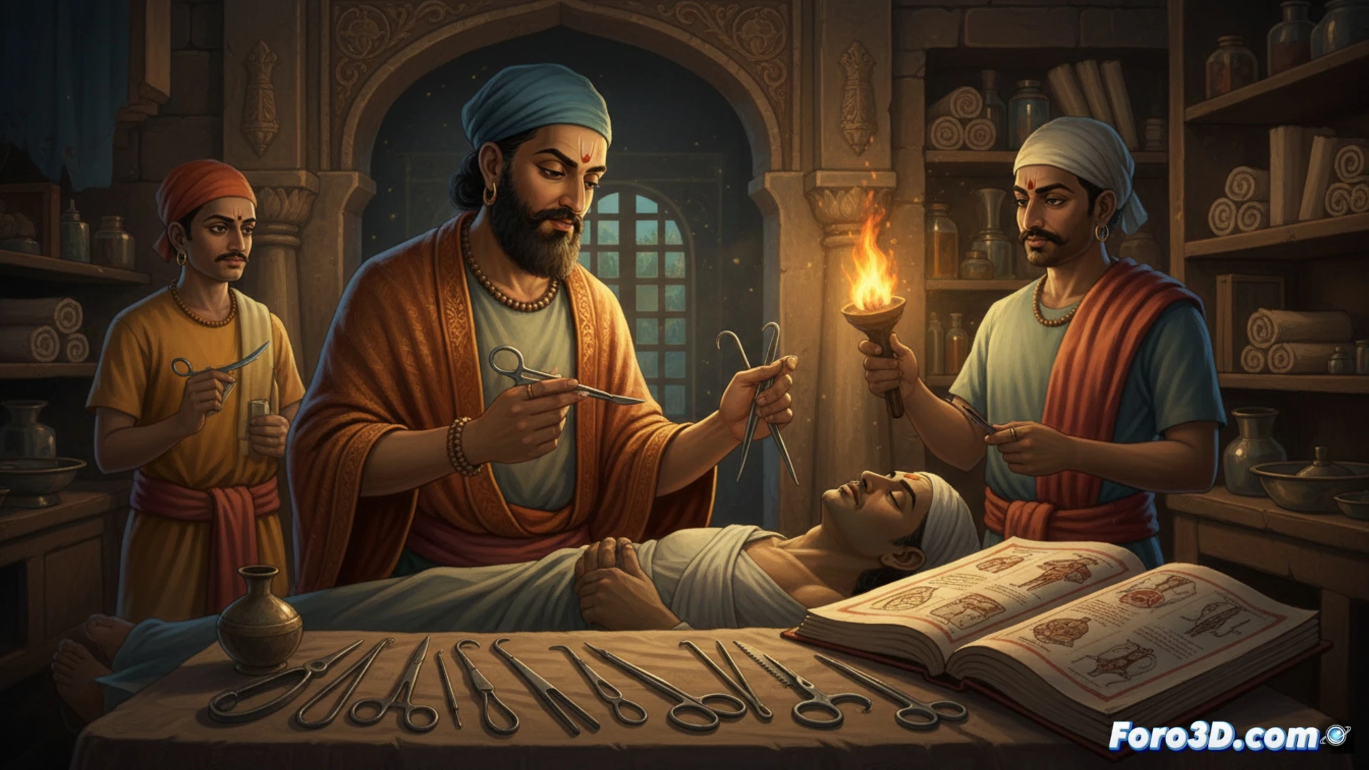 Antiguo manuscrito del Sushruta Samhita junto a un modelo 3D impreso de una estructura anatómica compleja.