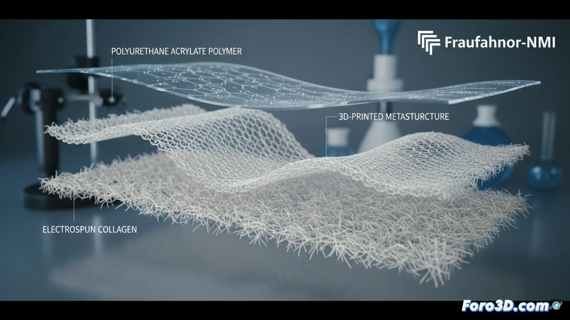 Imagen microscópica en 3D de una estructura ondulada impresa en polímero y colágeno, imitando elasticidad natural de tejido real.