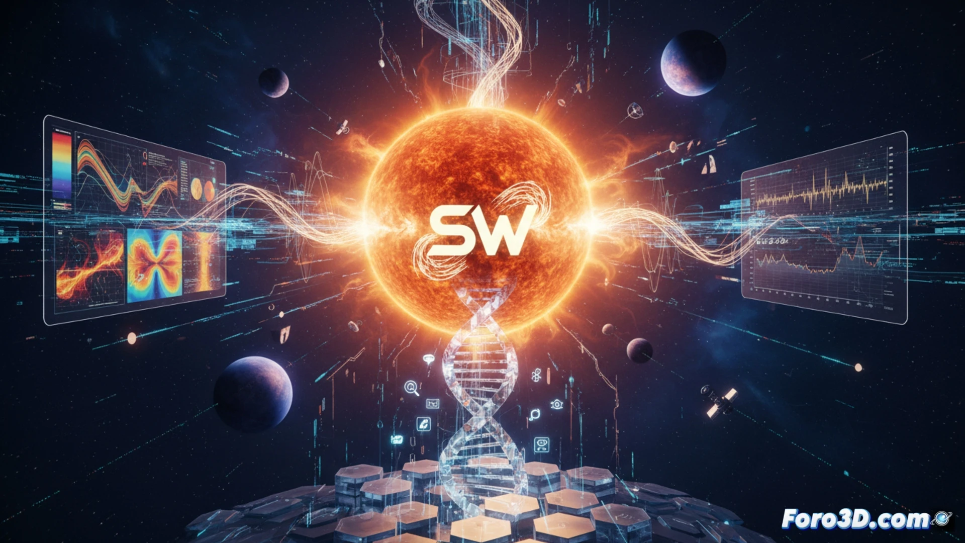 Ilustración conceptual de una estrella solar brillante conectada por líneas de datos a gráficos de Python, con módulos de descarga y análisis magnético.