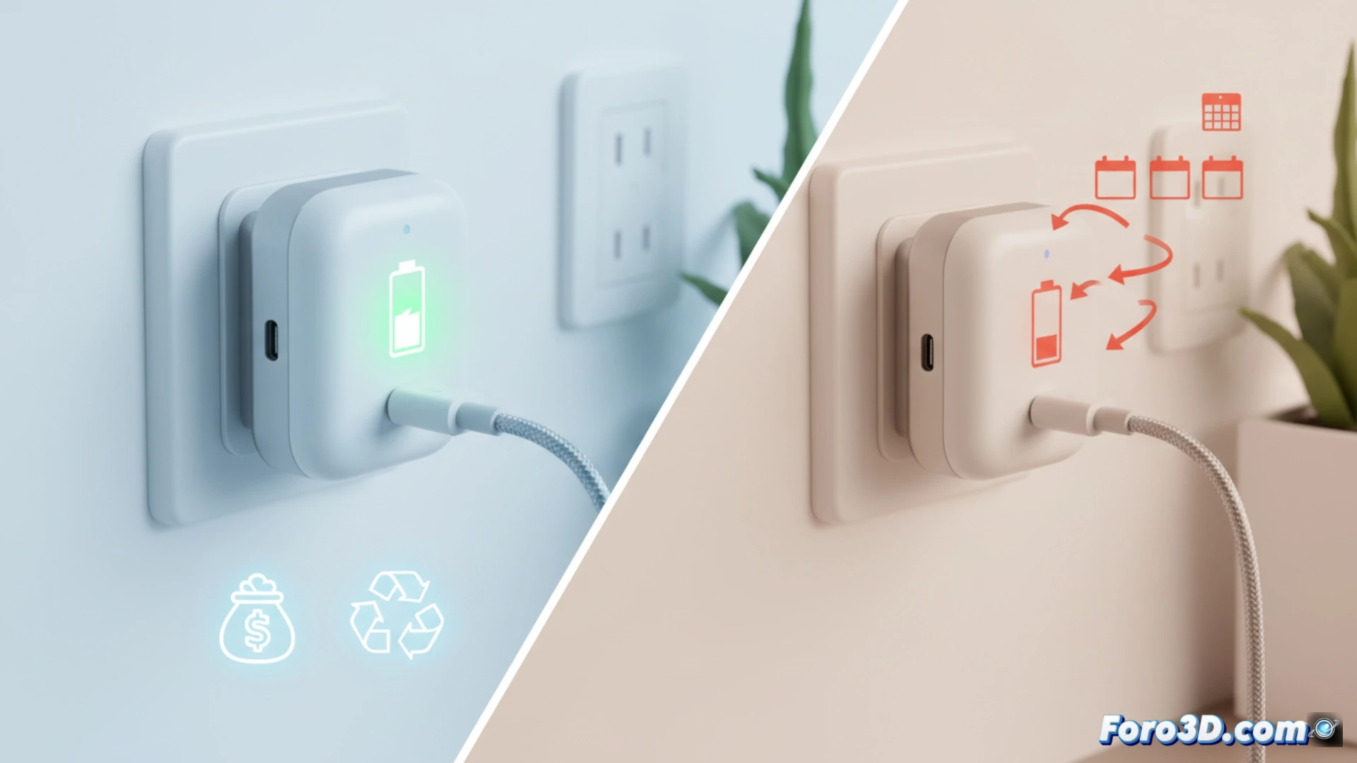 Un dispositivo blanco con brazo robótico sobre un interruptor de pared, conectado a un cable USB-C.