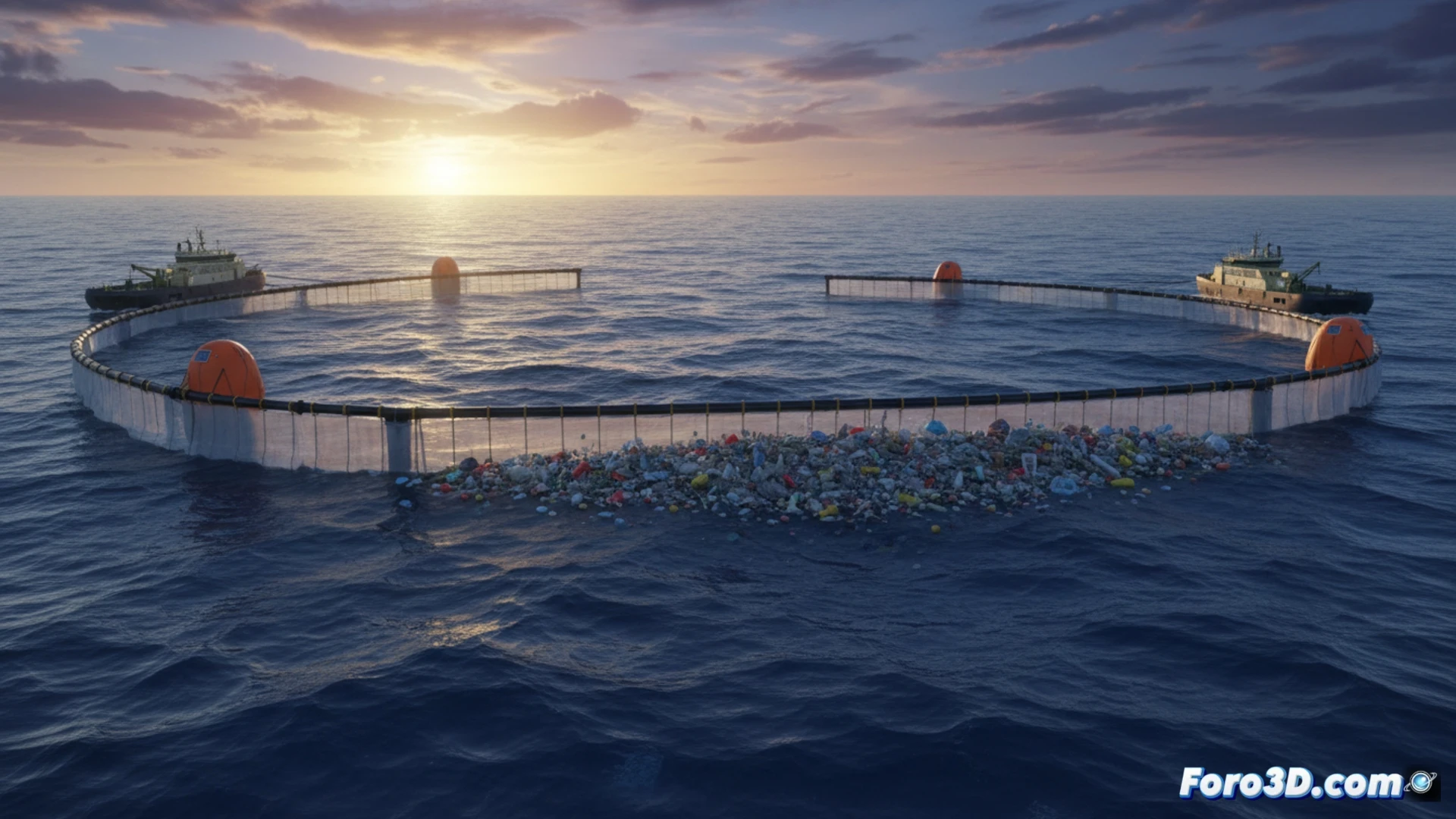 Modelo 3D de System 03, una larga barrera flotante concentrando plástico en el océano para su extracción.